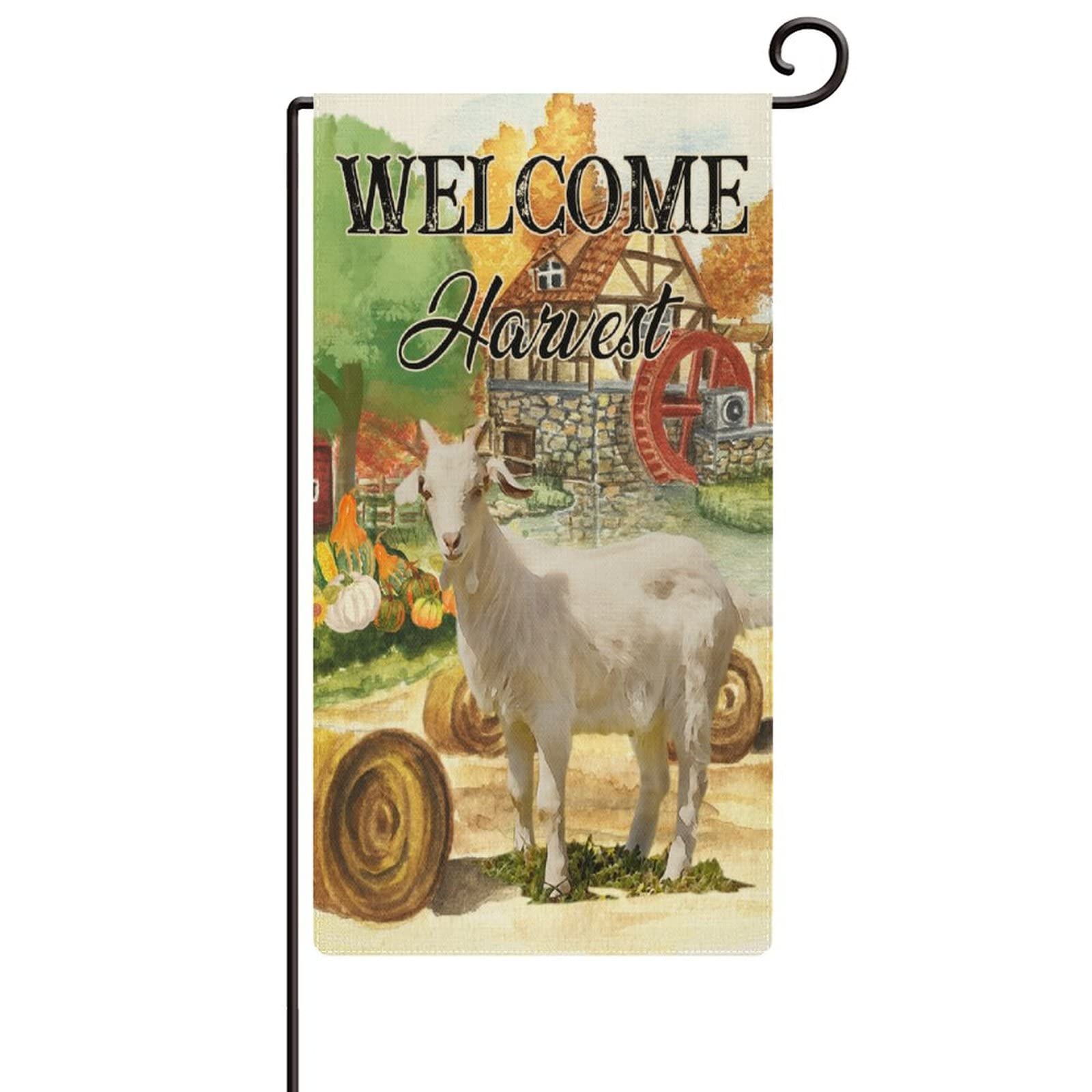 Farmhouse Fall Gold Farm Sheep Welcome Outdoor Yard Flag - Happy Thanksgiving Garden Decorative Flag 16x30in, Double Sided Cotton Linen Lawn Flag - Perfect for Autumn Porch Decor, Fall Welcome Sign, Seasonal Home & Yard Decoration