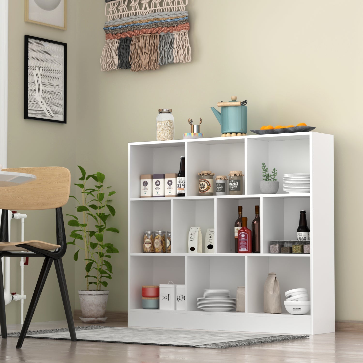 Modern Entryway Cabinet with 3-Tier Shelves - Wide Storage Bookcase for Kids with Multiple Cubbies - Perfect for Organizing Toys, Books & Shoes in Living Room, Nursery or Playroom