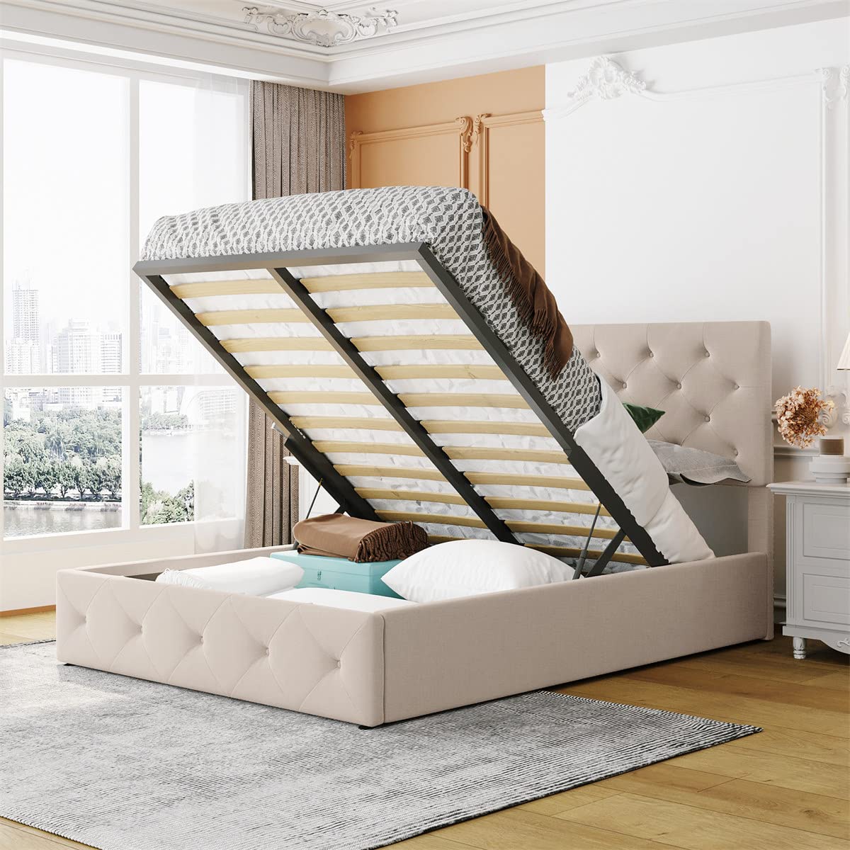 TRIPLE TREE Full Size Upholstered Platform Bed with Tufted Headboard & Hydraulic Storage | Wooden Bed Frame with Slat Support for Teens & Adults | Beige Modern Bedroom Furniture for Small Spaces & Guest Rooms