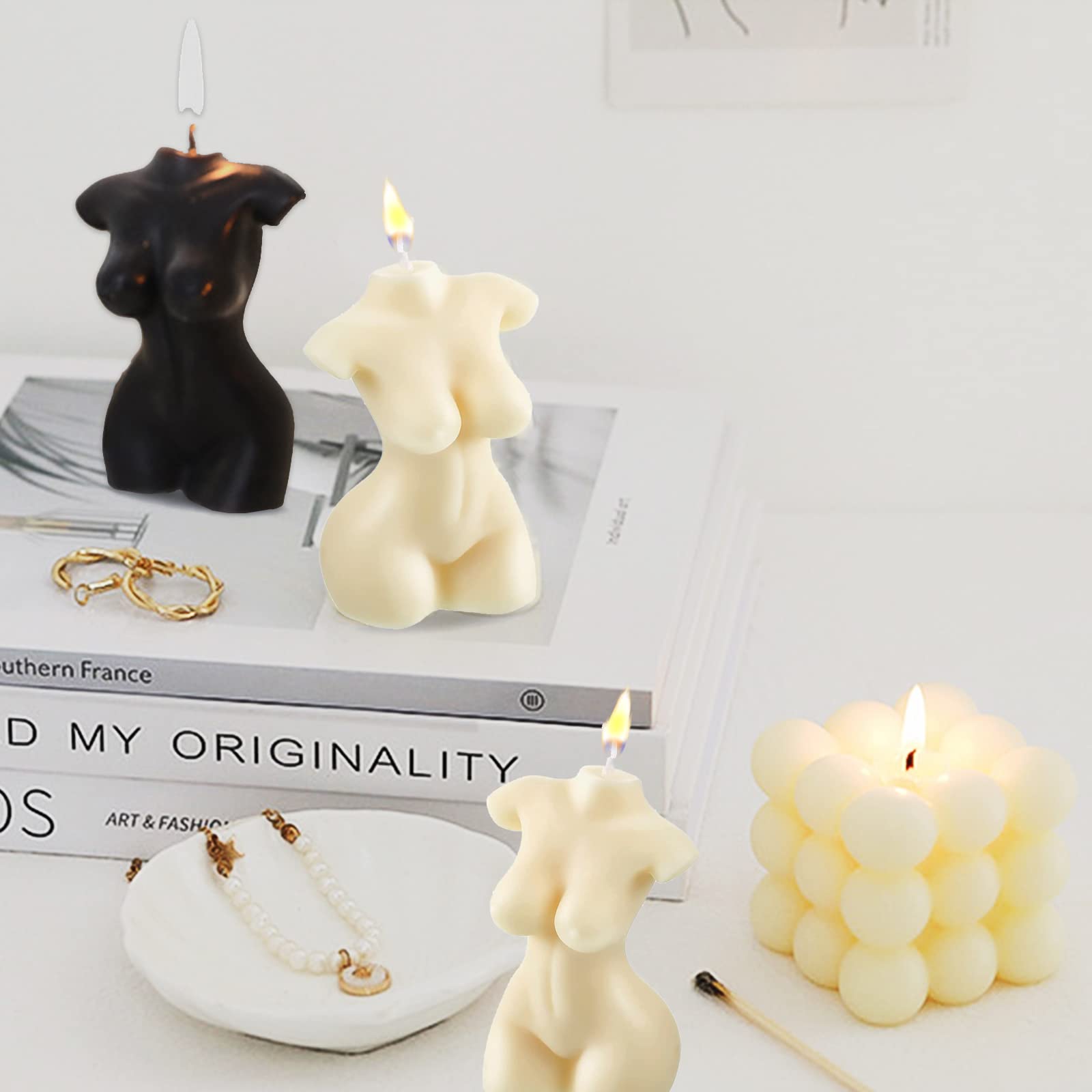 2PCS Female Body Shaped Soy Candles - Unscented White & Black Torso Candles for Home Decor, Aesthetic Bedroom & Bathroom Decoration, Romantic Dinner Ambiance, Spa Relaxation Gift Idea