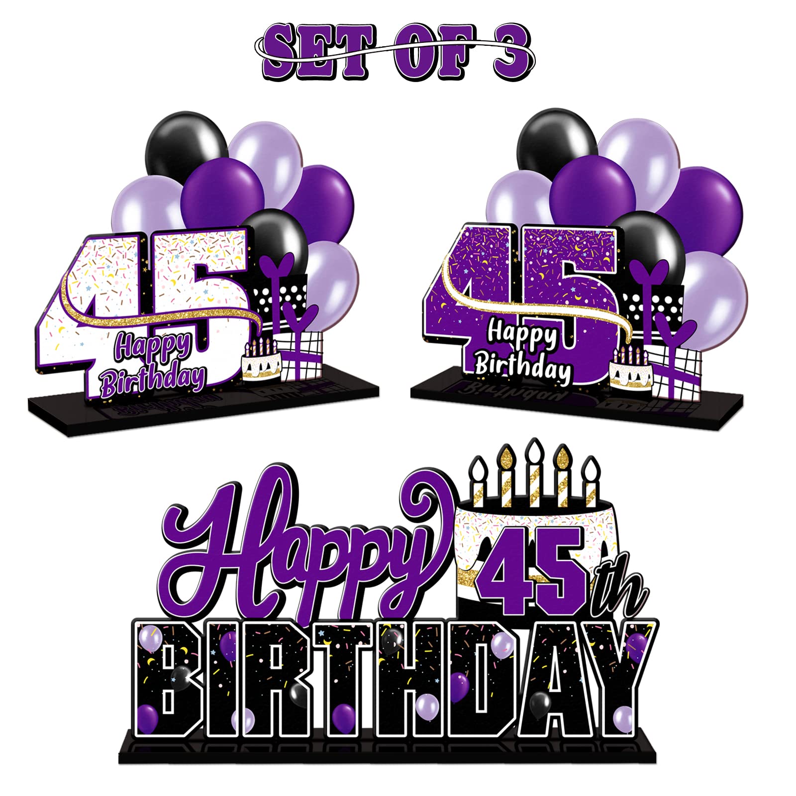 LINGTEER Happy 45th Birthday Purple Acrylic Table Topper Centerpiece Set - Cheers to 45 Years Party Decorations for Women & Men - Perfect for Birthday Celebrations, Anniversaries, and Special Events