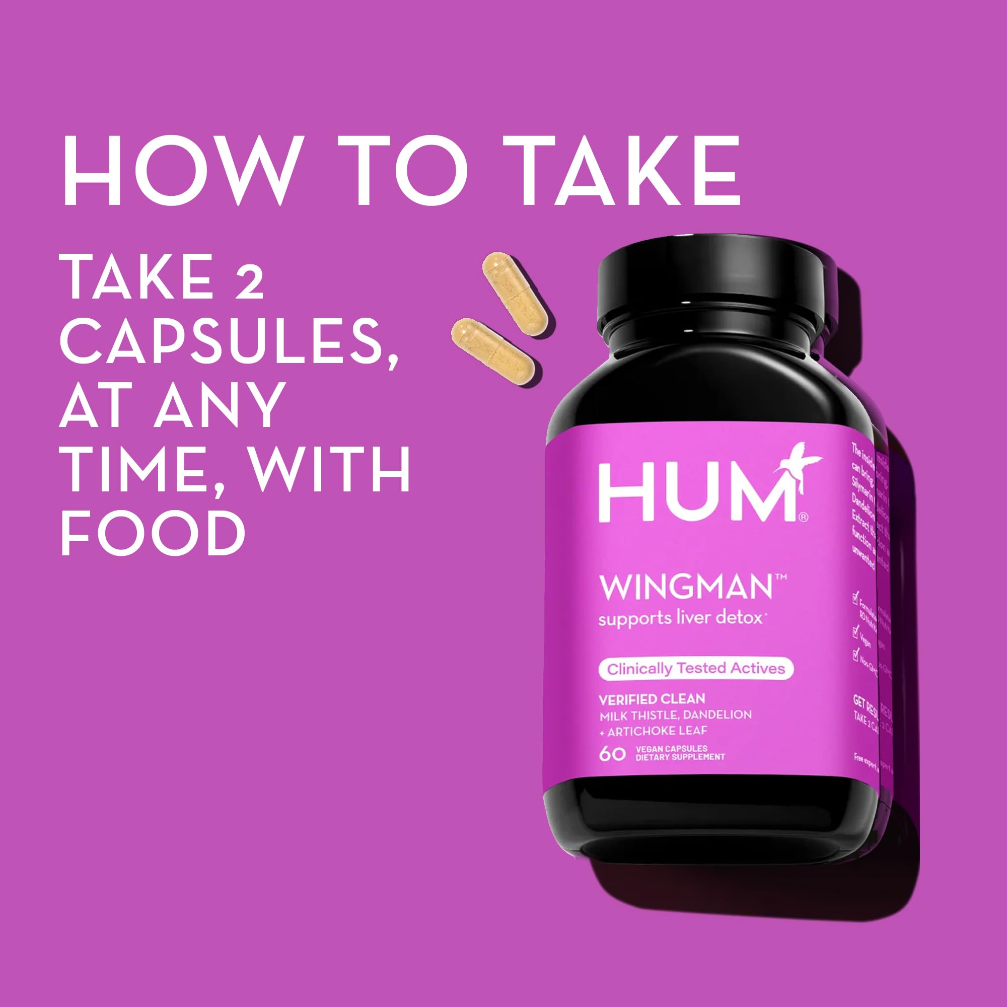 HUM Wing Man - Liver Detox & Support Supplement with Milk Thistle, Dandelion Root & Artichoke Leaf Extract - Natural Toxin Flush & Liver Cleanse (60 Capsules) - Supports Healthy Digestion & Energy for Active Lifestyles