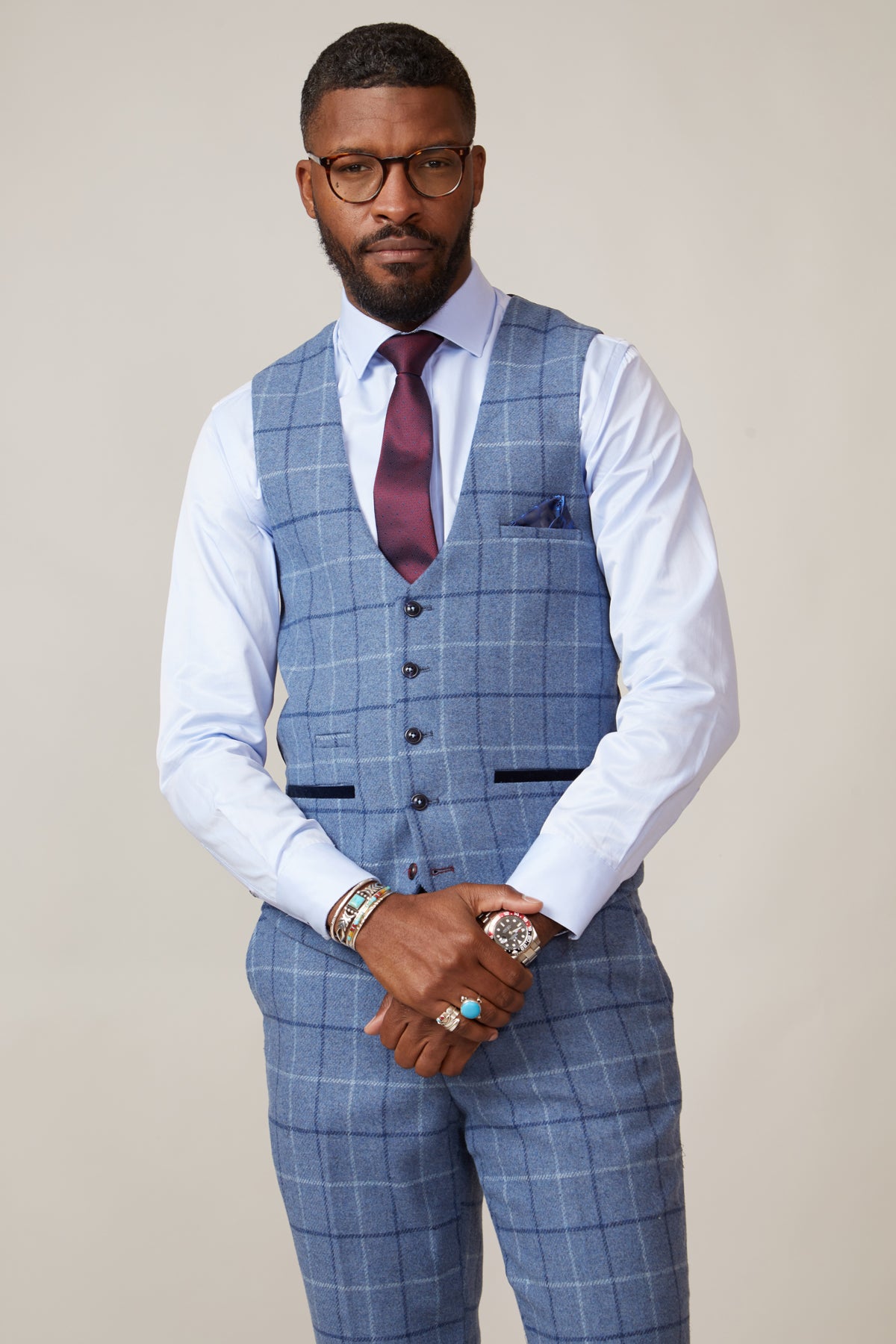 CLINTON Blue Tweed Check Waistcoat for Men - Stylish Formal Vest for Weddings, Business & Office Wear