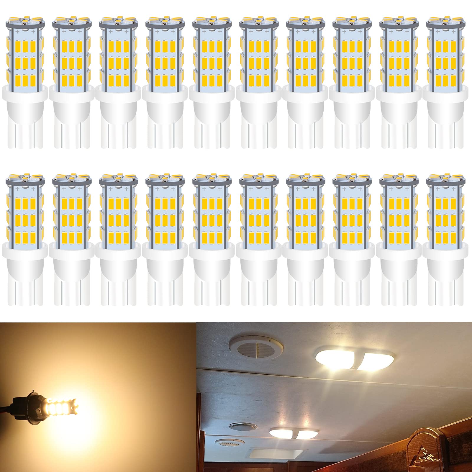 UNXMRFF - T10 921 LED Bulb Warm White 12V RV Light Bulbs (Pack of 20) - Perfect for Camper, Travel Trailer Interior Ceiling Lights, Car Map Lights, Dome Lights & Door Lights