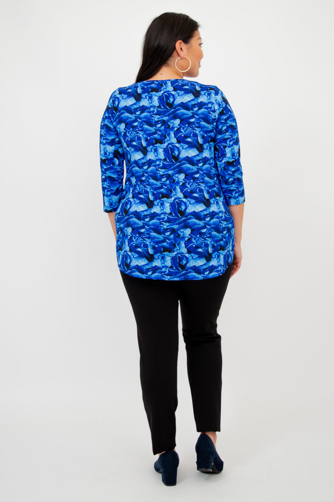 Jazz 3/4 Sleeve Women's Tops - Soft Blue Rose Print Bamboo Fabric Blouse for Casual Wear & Summer Outfits