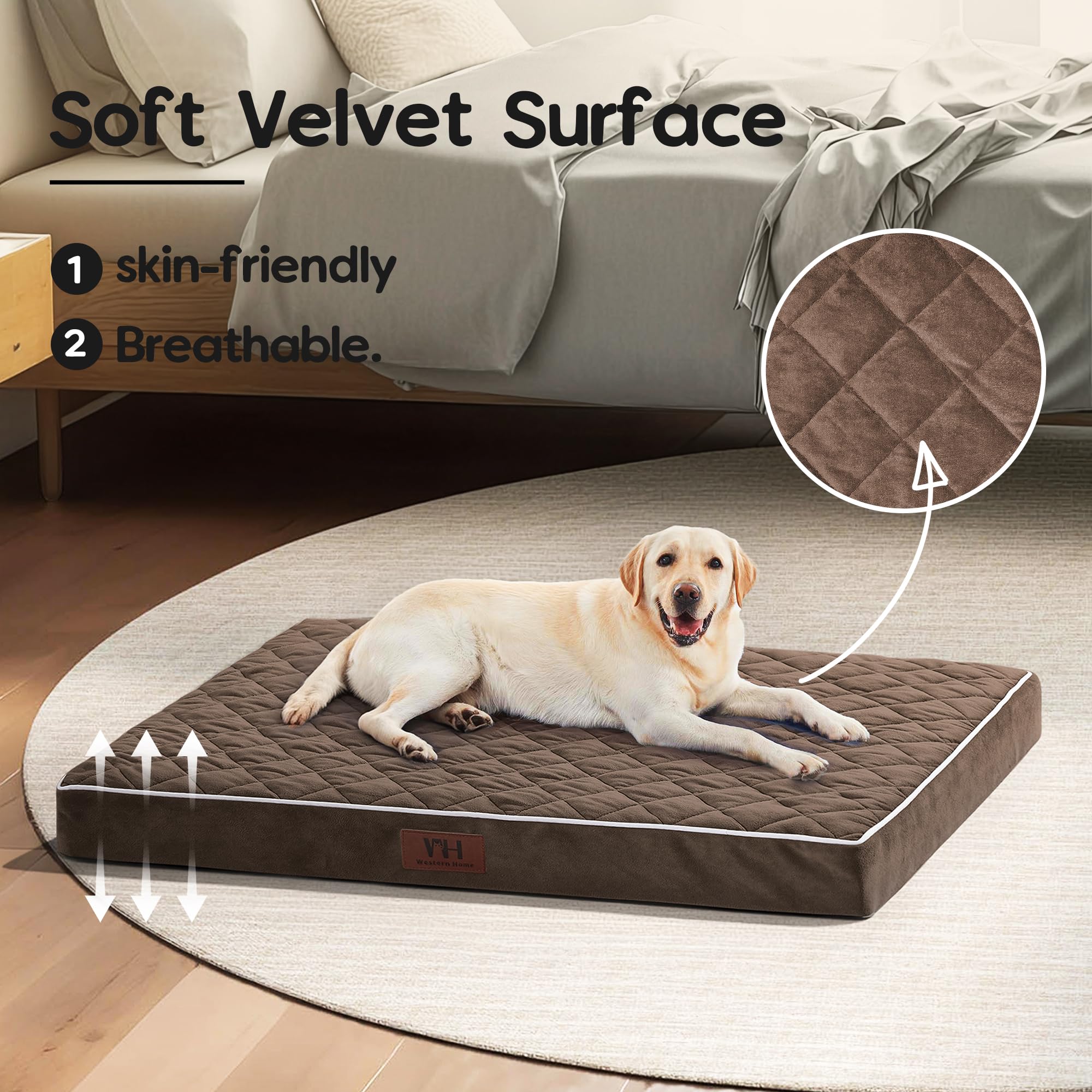 Orthopedic Dog Bed for Large Dogs - XXL XL Medium Size, Removable Washable Velvet Plush Cover, Anti-Slip Bottom, 36 Inch Kennel Pad - Perfect for Arthritis & Joint Pain Relief (Brown) - Ideal for Crates, Living Rooms & Bedrooms