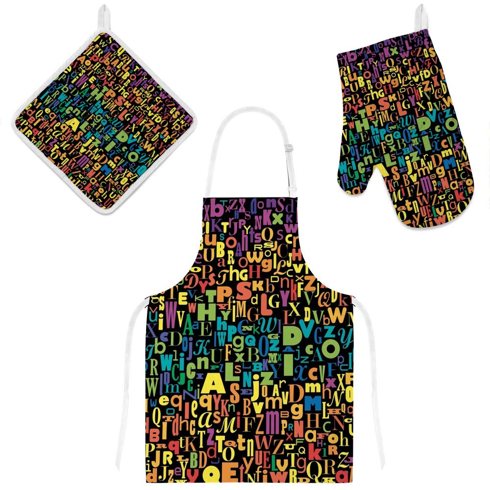 Colorful Alphabet Letter Apron with Glove, Oven Mitt & Pot Holder Set - Kitchen Cooking, Baking & BBQ Accessories for Adults & Home Chefs