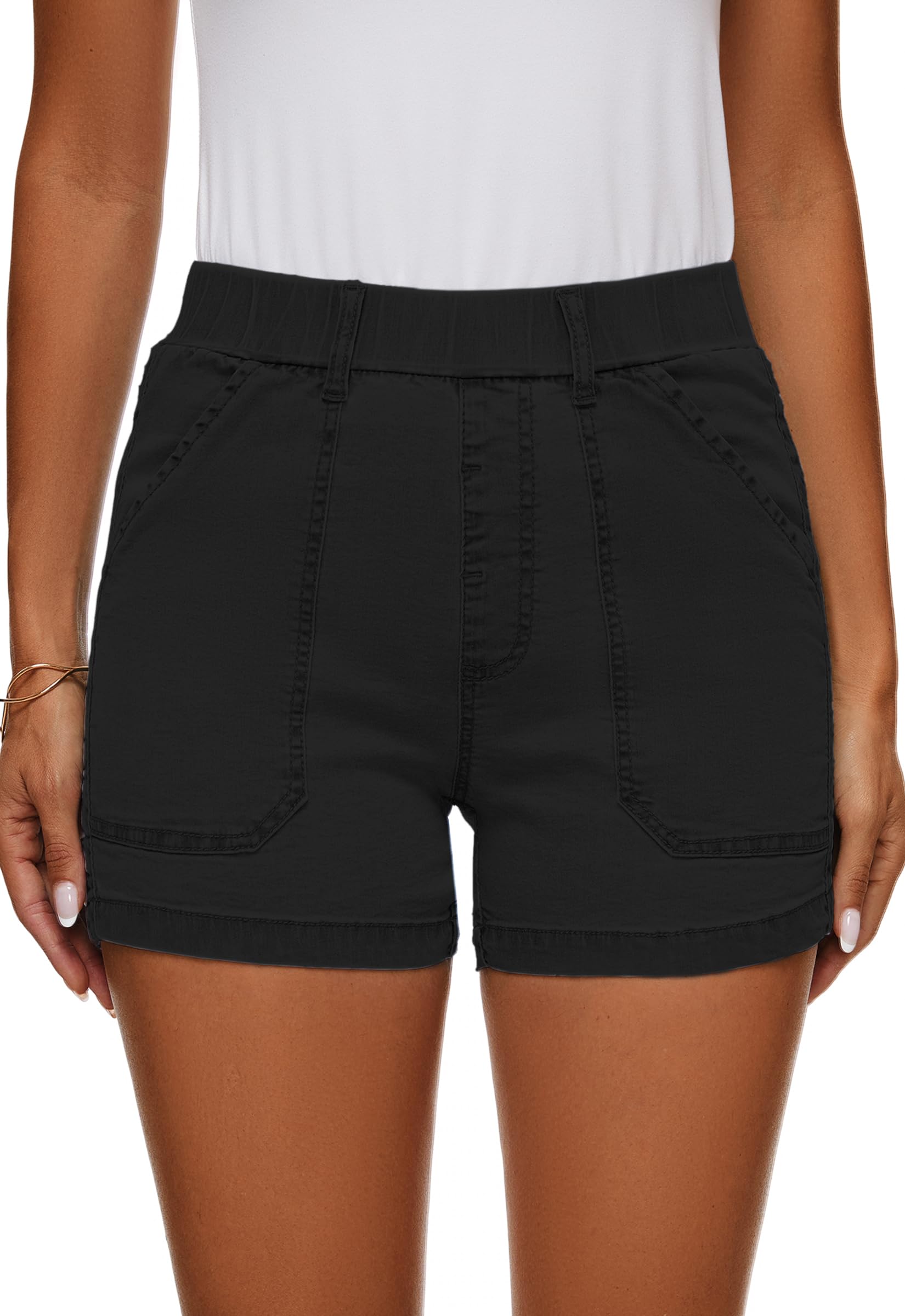 Women's High Waisted Stretchy Denim Shorts - Summer Cotton Pull-On Jean Shorts with Elastic Waist & Pockets - Casual Beachwear, Street Style, and Everyday Comfort