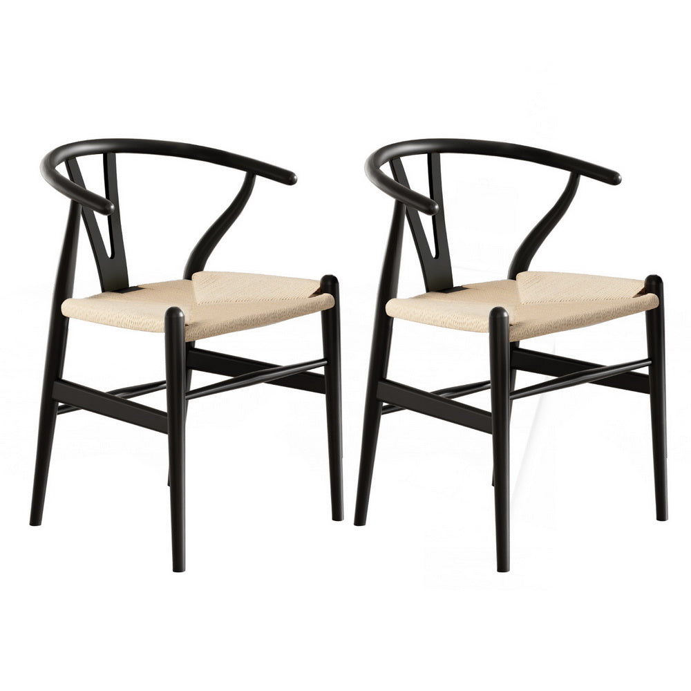 2 Pack Artiss Wooden Rattan Wishbone Dining Chairs - Black Modern Kitchen & Dining Room Furniture for Home Decor