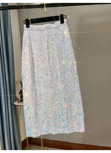French High Waisted Slim Skirt for Women - Shiny Black Sequin Mid-Length Skirt with Side Split, Thickened Hip Design & All-Match Styling | Perfect for Parties, Date Nights & Evening Events