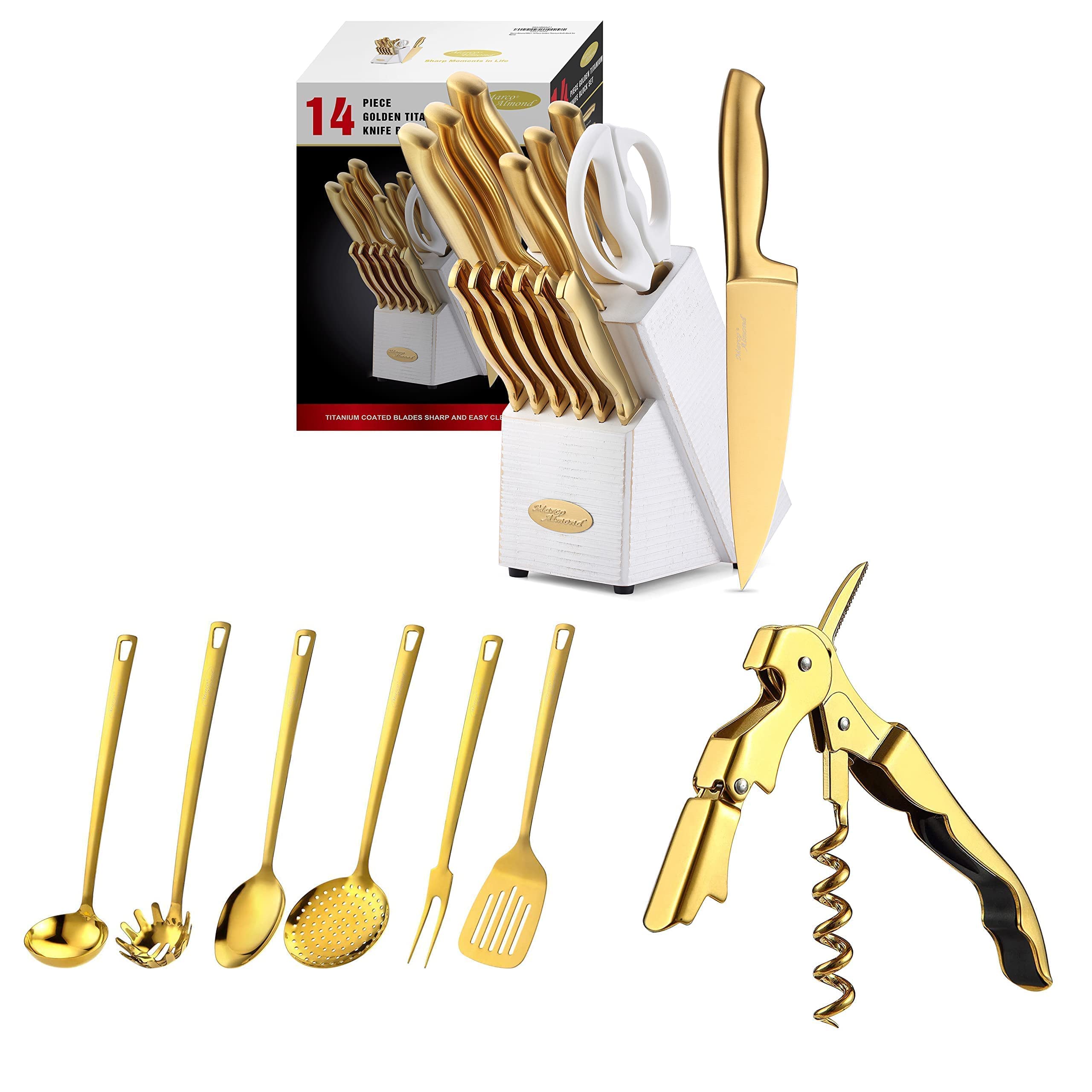 Marco Almond MA21 Golden Titanium Knife Block Set with 6-Piece KYA51 Kitchen Utensils & KYA56 Wine Opener - Premium Titanium Coated Stainless Steel Cutlery for Cooking, Serving & Entertaining