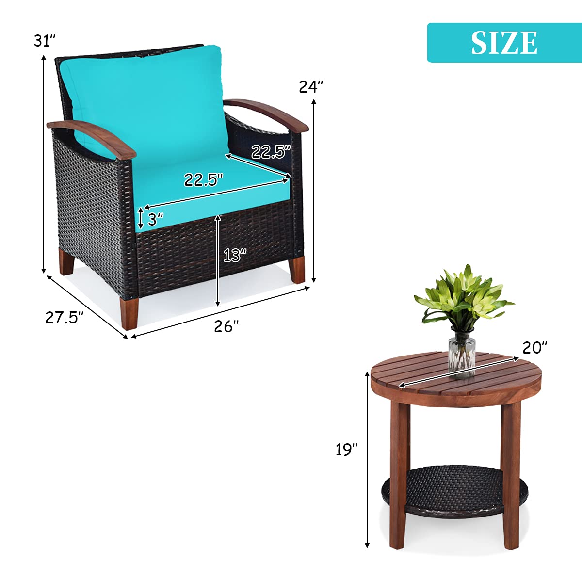 3-Piece Outdoor Patio Furniture Set - Rattan Sofa with Washable Cushions & Acacia Wood Coffee Table - Weather-Resistant Wicker Conversation Set for Garden, Poolside, Balcony (Turquoise) - Perfect for Relaxing, Entertaining & Outdoor Lounging