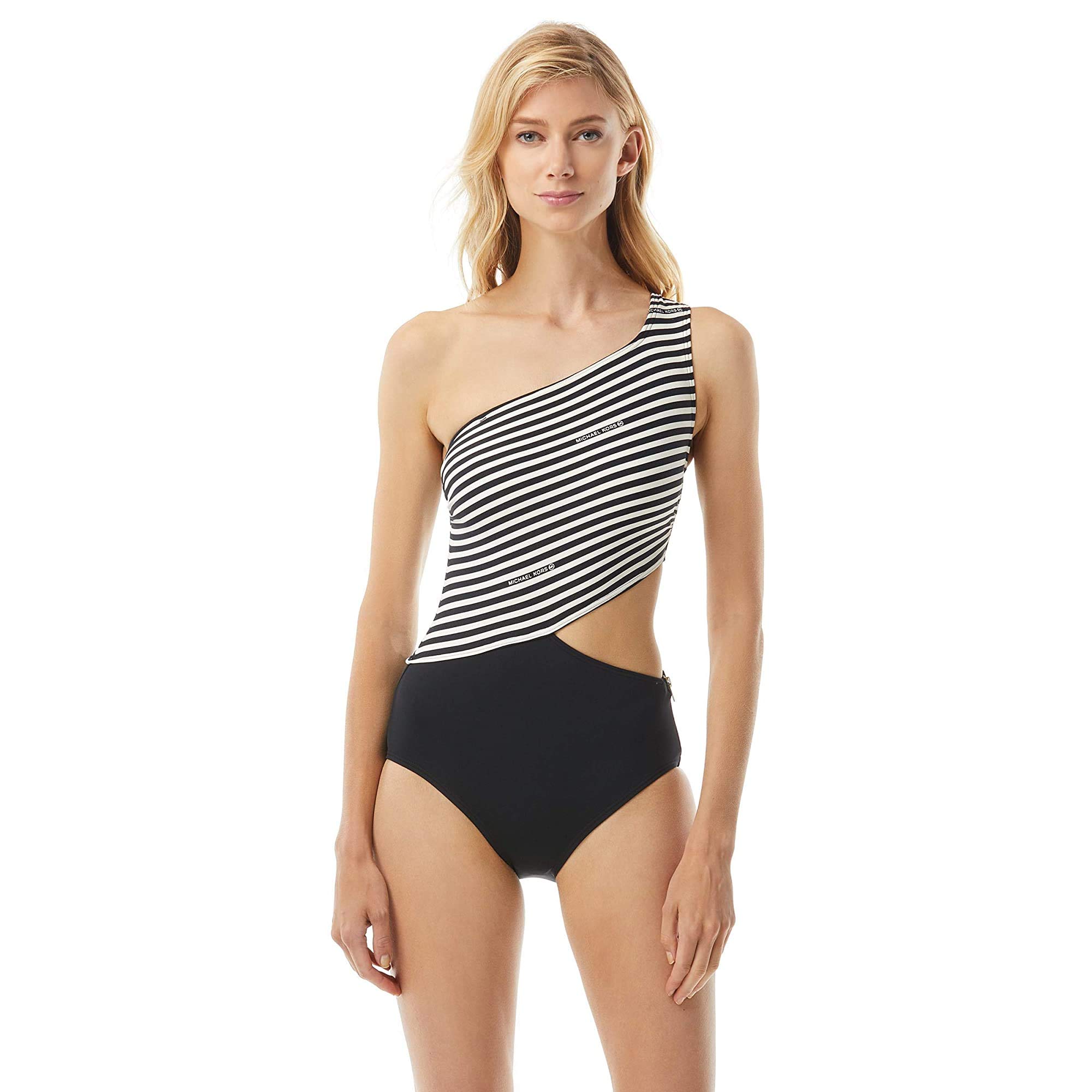 Michael Kors Women's One Shoulder Cutout Swimsuit with Logo Stripe & Side Zipper - Removable Soft Cups for Comfort - Perfect for Beach Vacations, Pool Parties & Summer Getaways