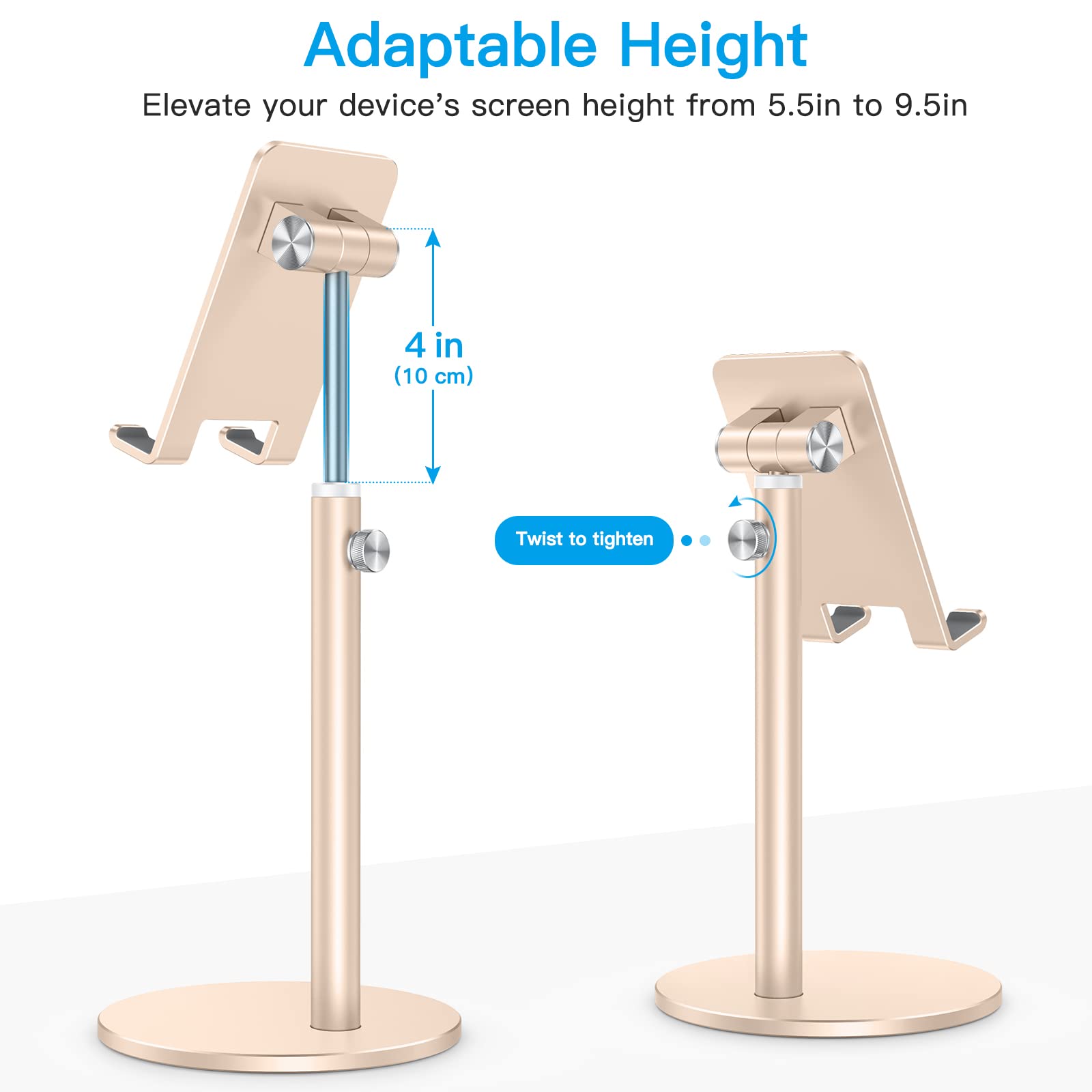 OMOTON Adjustable Aluminum Phone Stand for Desk - Gold | Compatible with iPhone 13/12/11/Pro/Max, Samsung Galaxy, All Smartphones & Tablets 4-11
