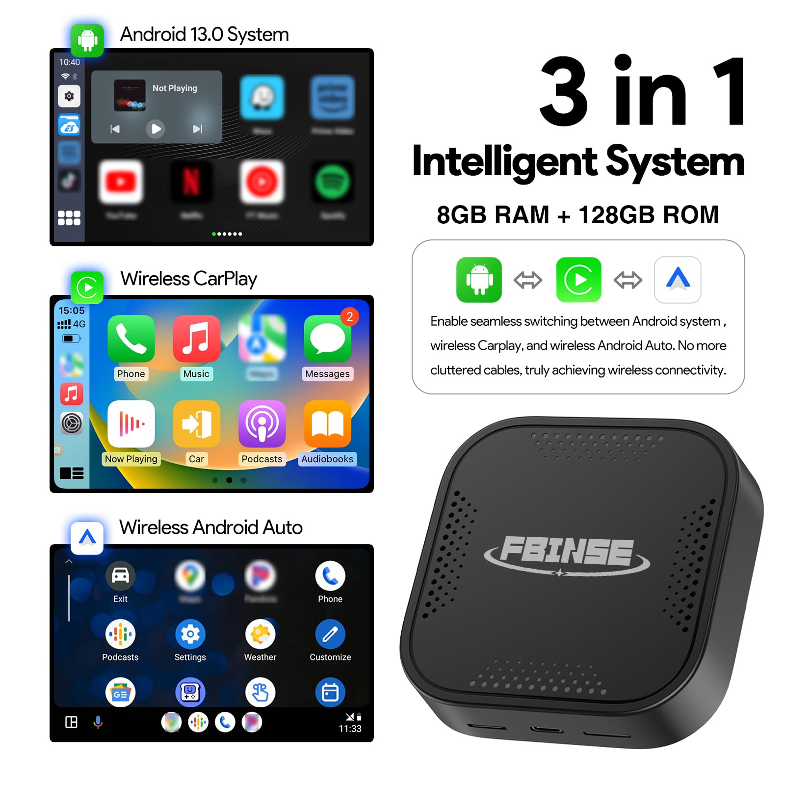 Wireless CarPlay AI Box - Android 13, 8-Core CPU, 8GB RAM 128GB Storage with 4G/TF Card Support - Video Streaming & Wired CarPlay/Android Auto Compatible - Perfect for Tesla, BMW, Audi & Other Vehicles (Long Road Trips & Daily Commute)