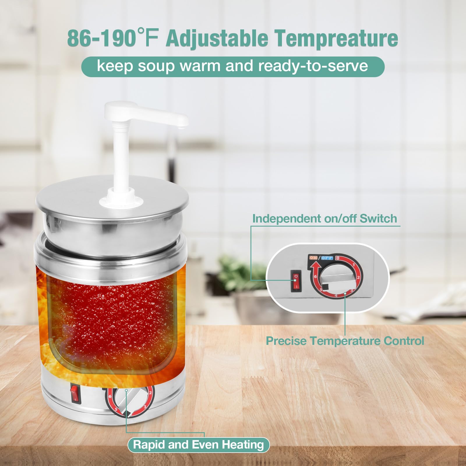 Commercial 4QT Electric Hot Fudge Dispenser with Temperature Control - Stainless Steel Nacho Cheese Warmer with Plastic Pump for Buffets, Bakeries & Kitchens - Perfect for Chocolate Fountain, Caramel Sauce & Dessert Toppings (110V/200W)