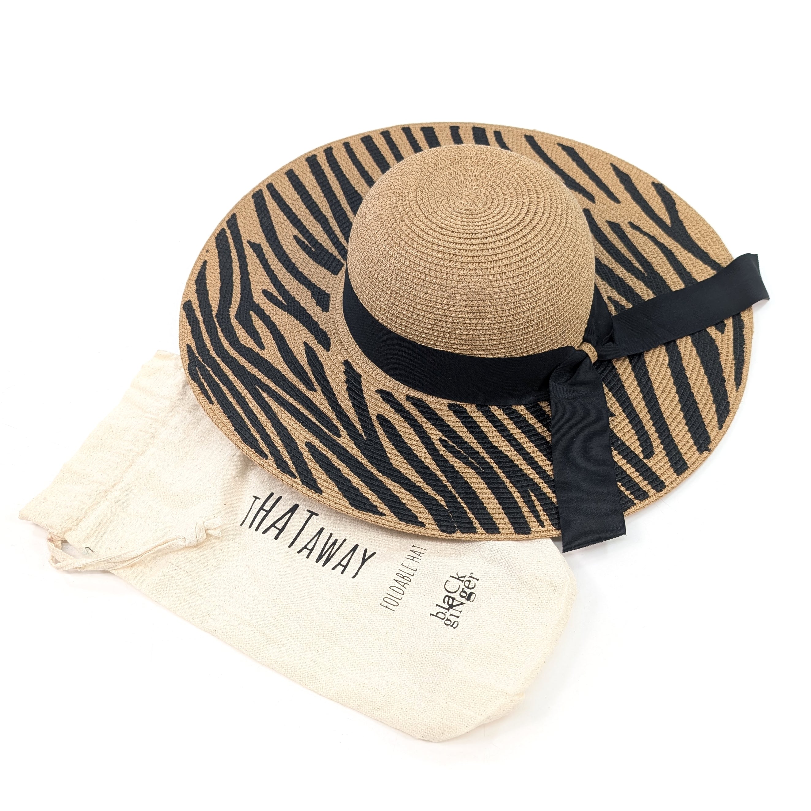 Stylish Zebra Print Wide Brim Foldable Sun Hat (57cm) - Dark Natural/Black for Women | Perfect for Beach, Vacation & Outdoor Activities