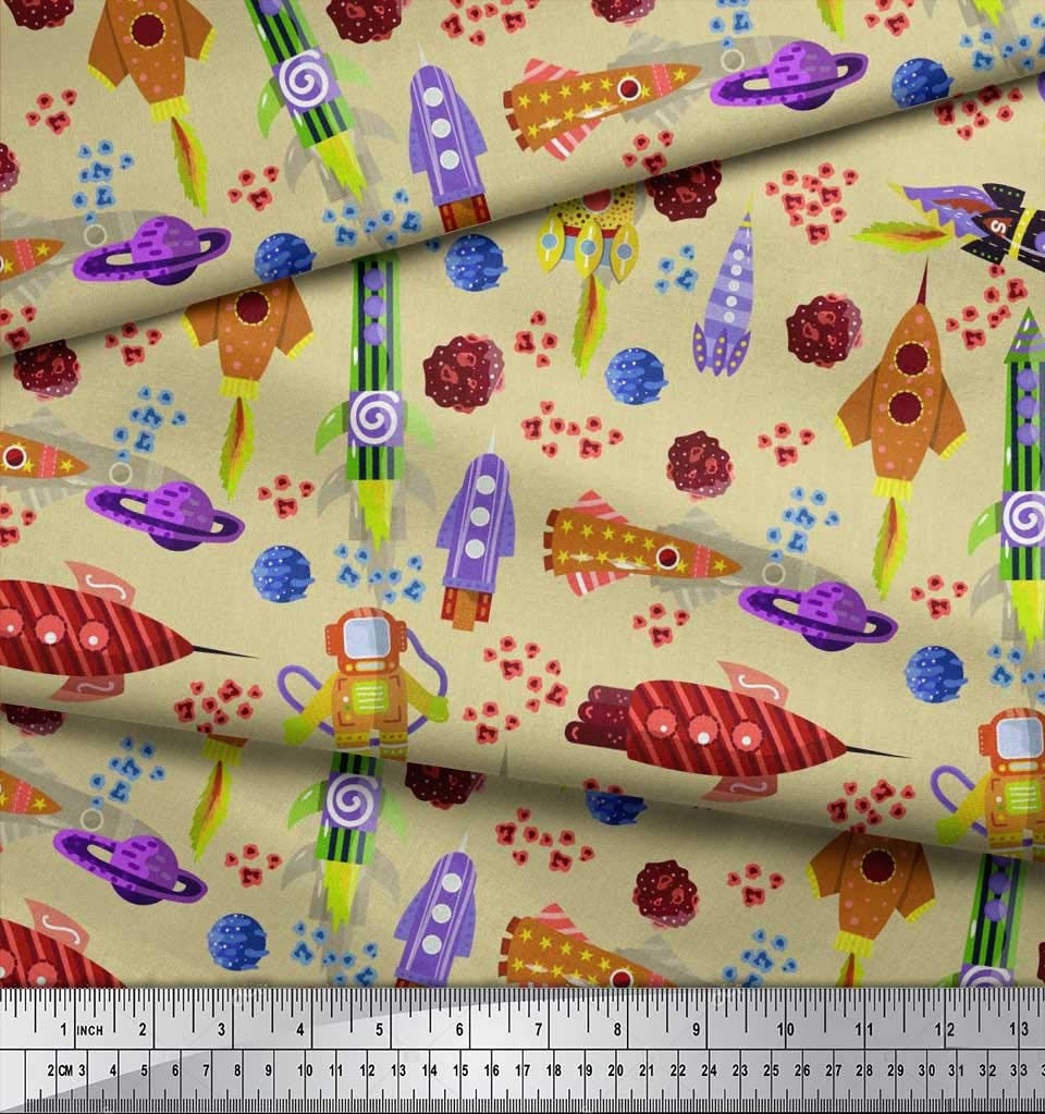 Soimoi Japan Crepe Beige Fabric by The Yard - 42 Inch Wide Rocket Planet Astronaut Cartoon Printed Fabric for DIY Crafts, Kids Room Decor, Space Themed Quilting & Galactic Adventure Projects