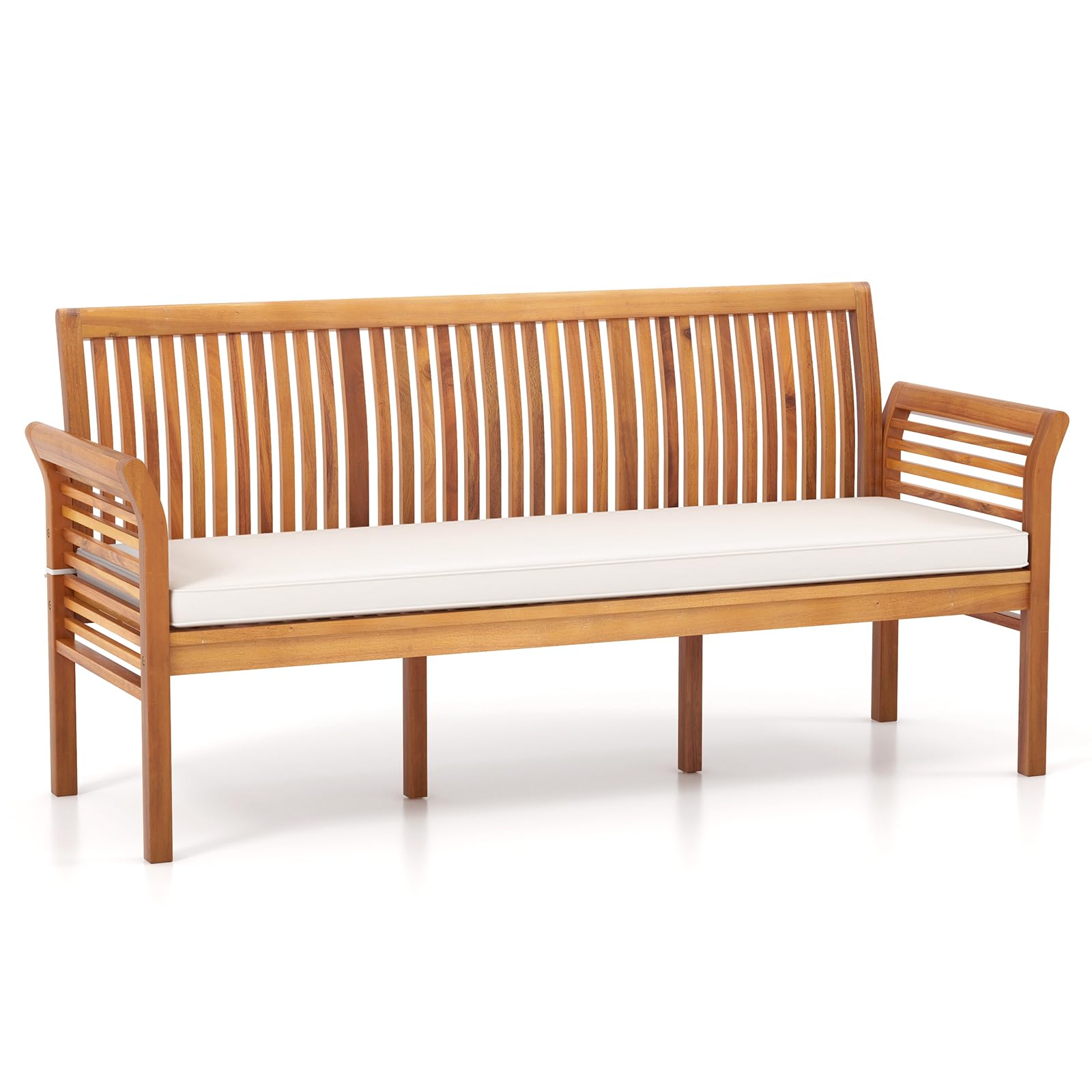 RELAX4LIFE 62.5 Inch Acacia Wood Outdoor Bench with Backrest & Cushion - Heavy Duty 1200 lbs Capacity 3-Seater Patio Furniture for Garden, Porch, Backyard, Park - Weather Resistant Slatted Wooden Bench for Relaxing Outdoors