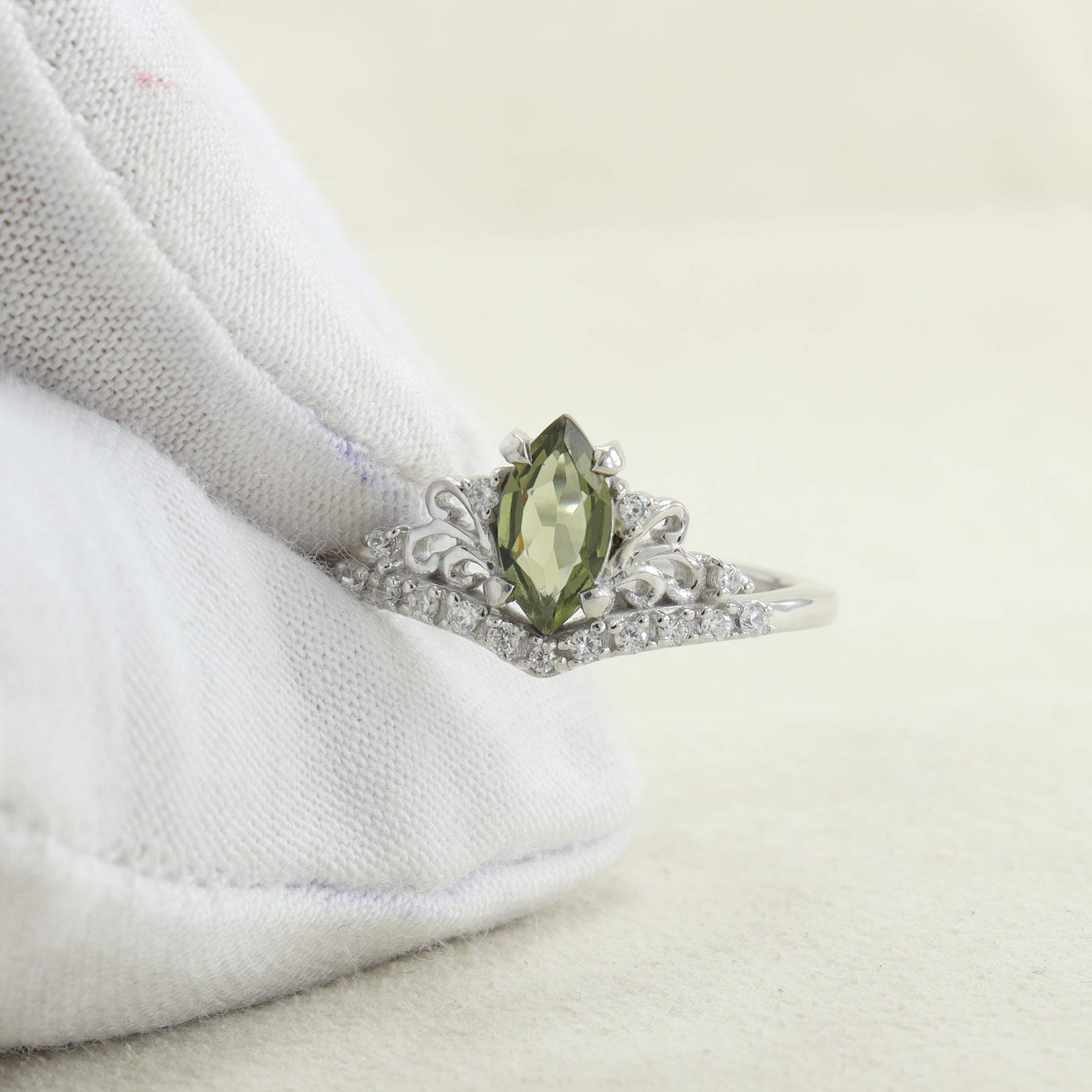 Moldavite Crown Ring for Women - Elegant Silver Filigree Love Ring with Genuine Moldavite Stone - Perfect Gift for Her, Wedding, Anniversary & Special Occasions
