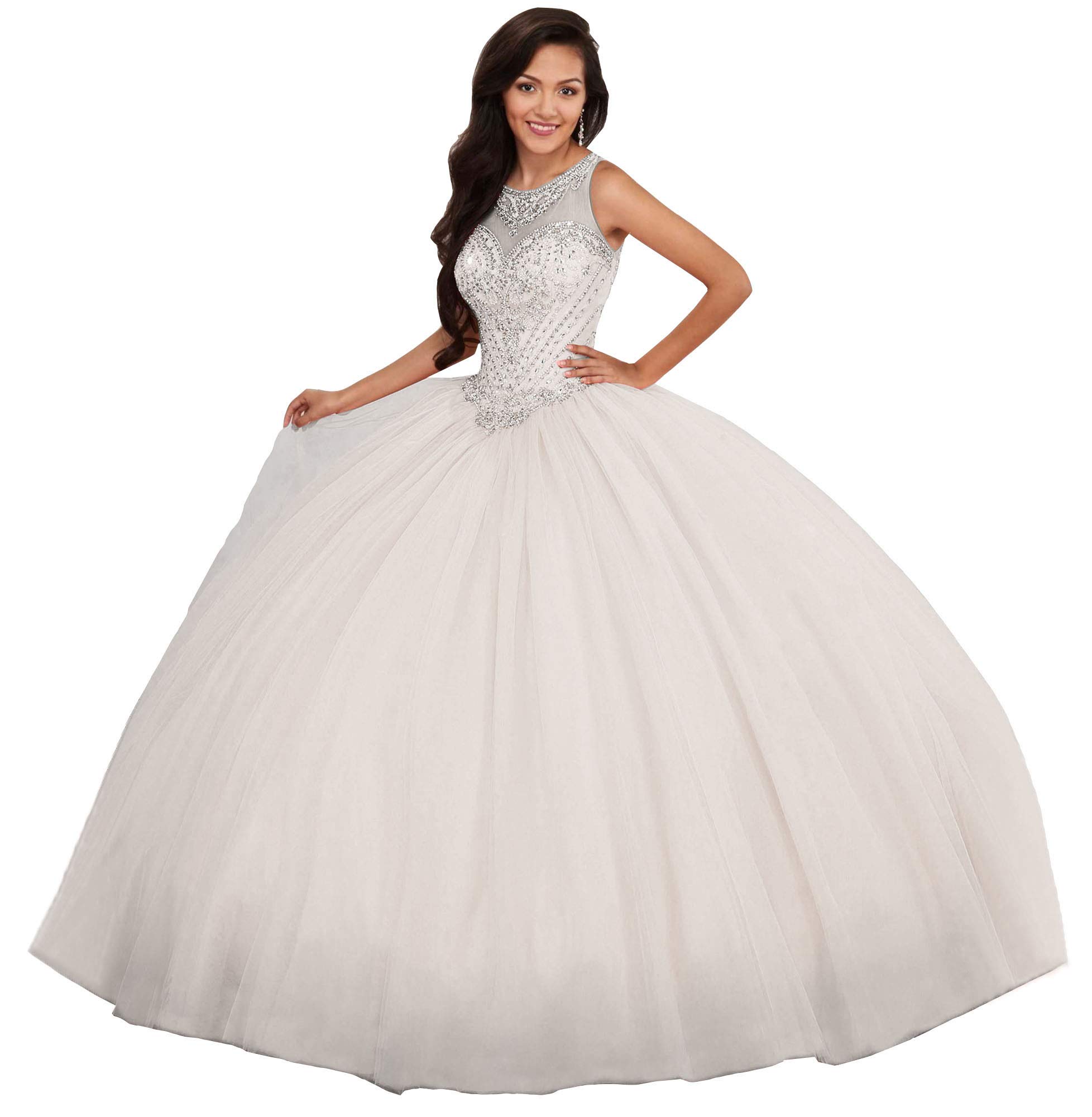 Emmani Women's Sleeveless Beaded Quinceanera Dress | Sweet 16 Party Gown | Elegant Beige Formal Dress for Prom, Homecoming & Special Occasions