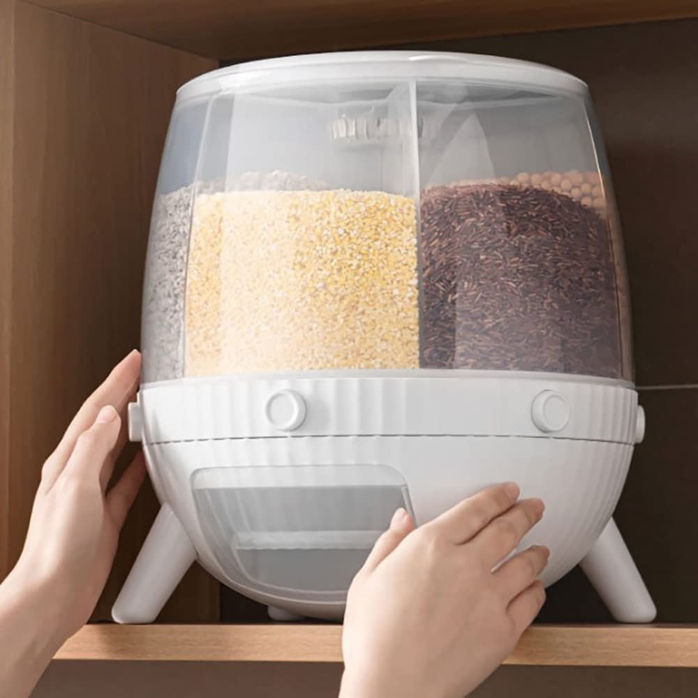 KouRy Automatic Rotating Rice Dispenser - 5L White Cereal Storage Container for Kitchen, Pantry Organization & Dry Food Dispensing - Perfect for Grains, Rice, Cereal, Pasta, Pet Food & More