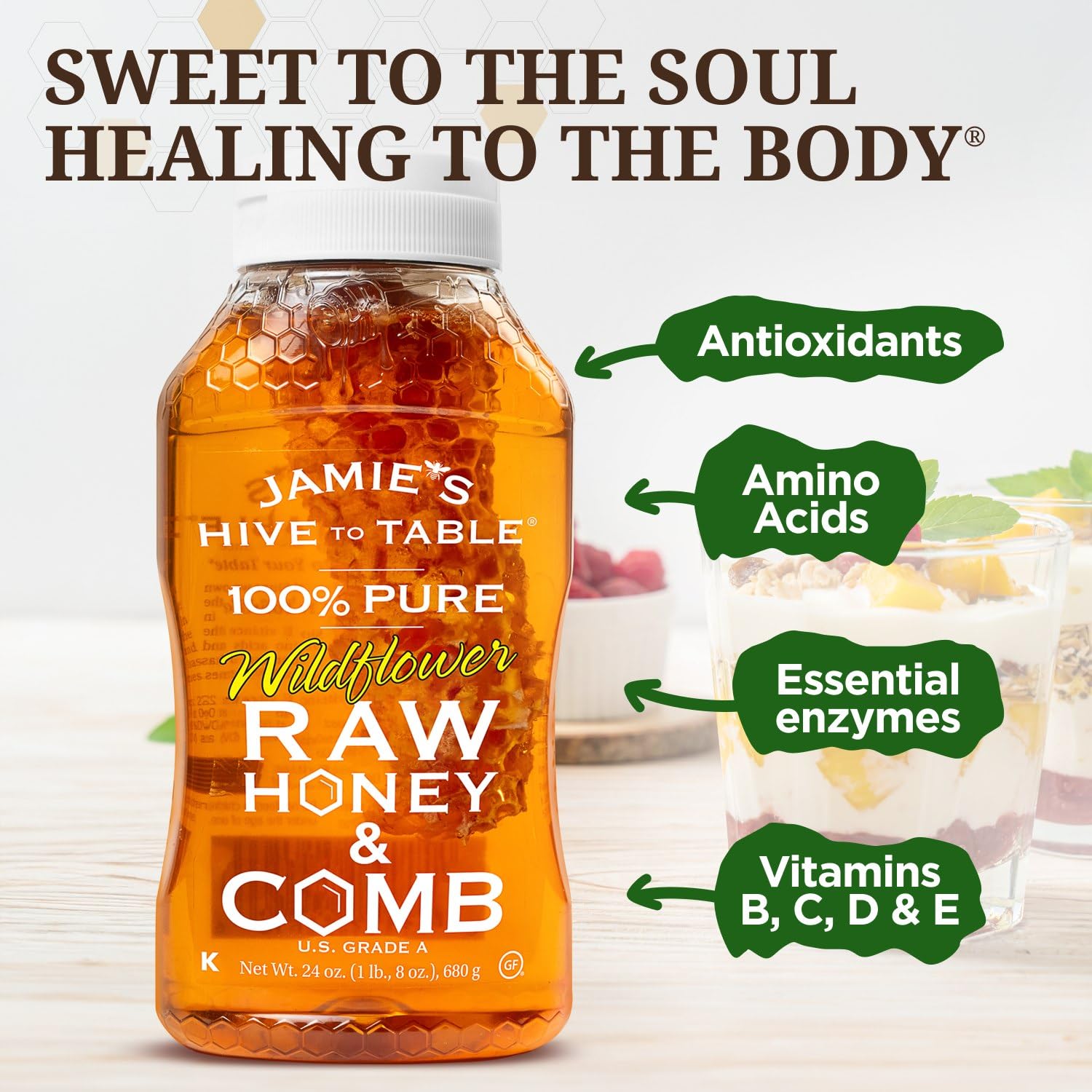 Jamie's Hive To Table 100% Pure Wildflower Honey with Honeycomb, 24 Oz – Raw Unfiltered USA Honey – Fresh Edible Honeycomb – Natural Sweetener – Nutrient-Rich Flavor – Perfect for Tea, Baking & Healthy Snacks