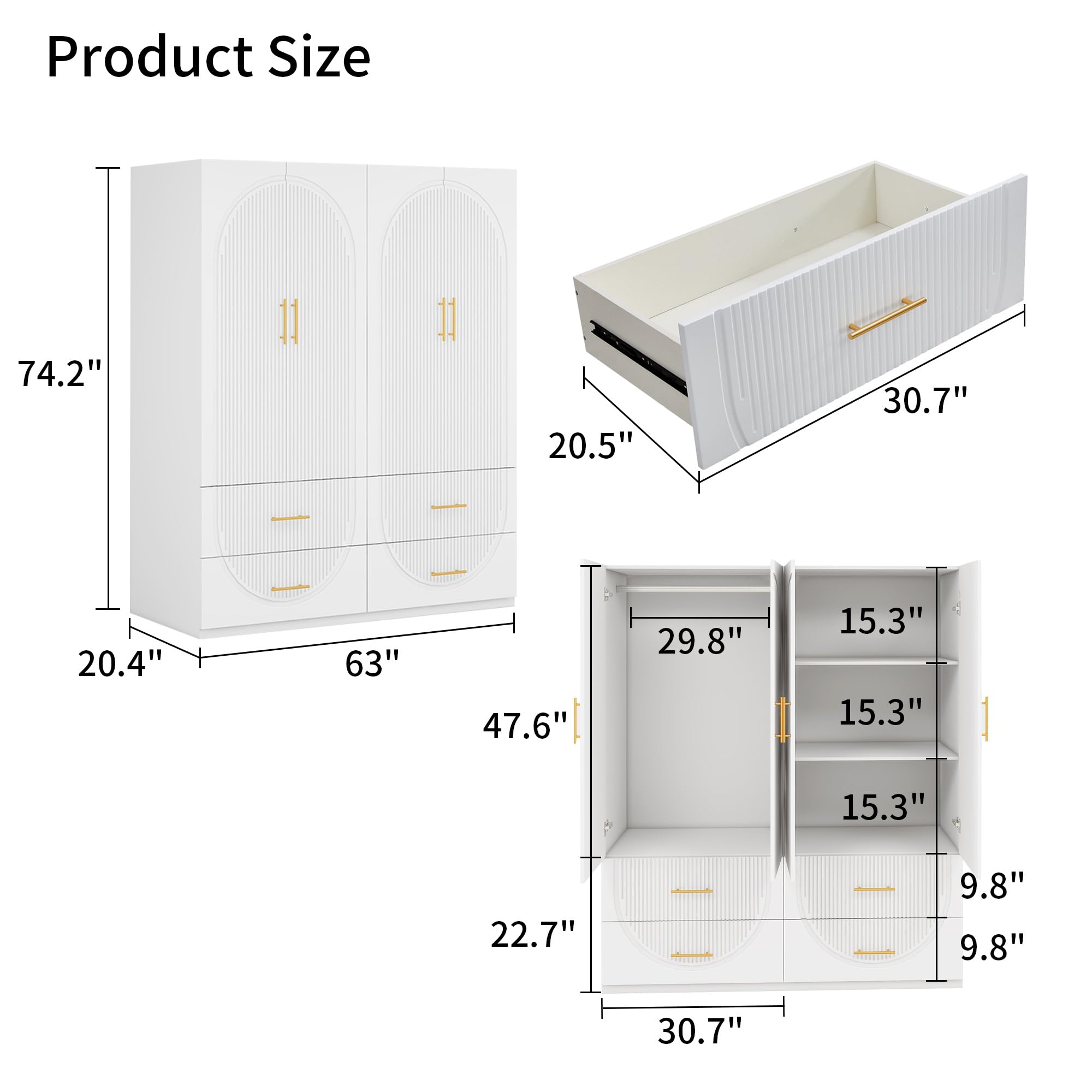 Modern White Wood Wardrobe Armoire - 74