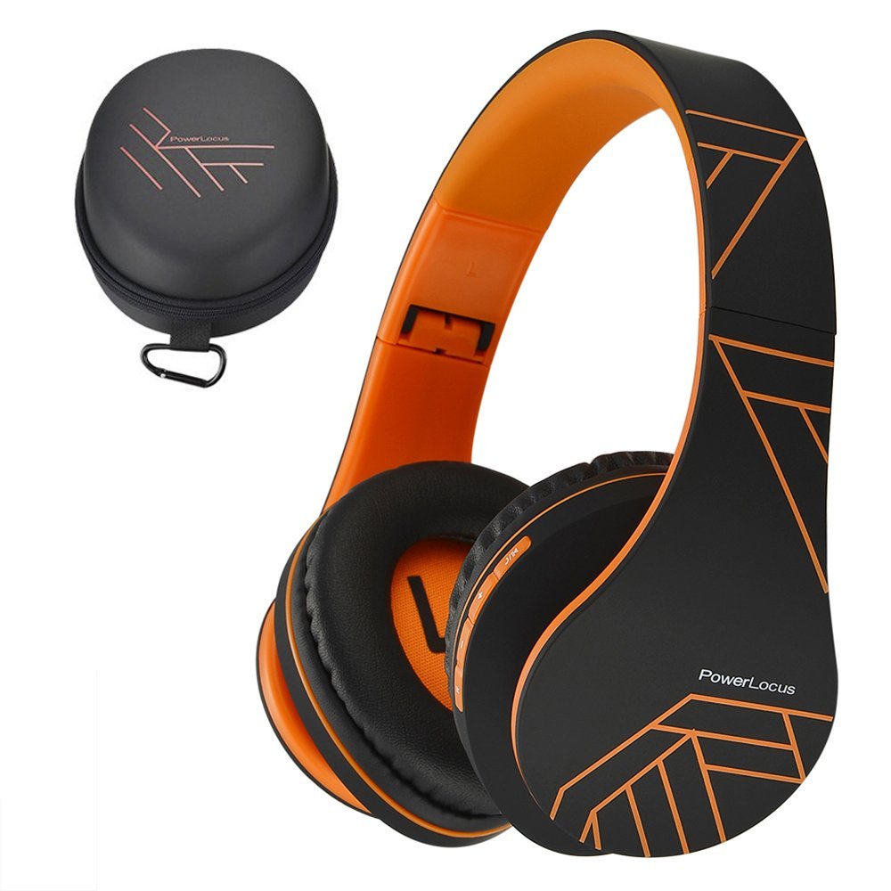 PowerLocus Bluetooth Over-Ear Headphones - Wireless Stereo Foldable Headset with Built-in Mic, Micro SD/TF, FM - Compatible with iPhone, Samsung, iPad, PC (Black/Orange) - Perfect for Travel, Workouts, and Home Entertainment