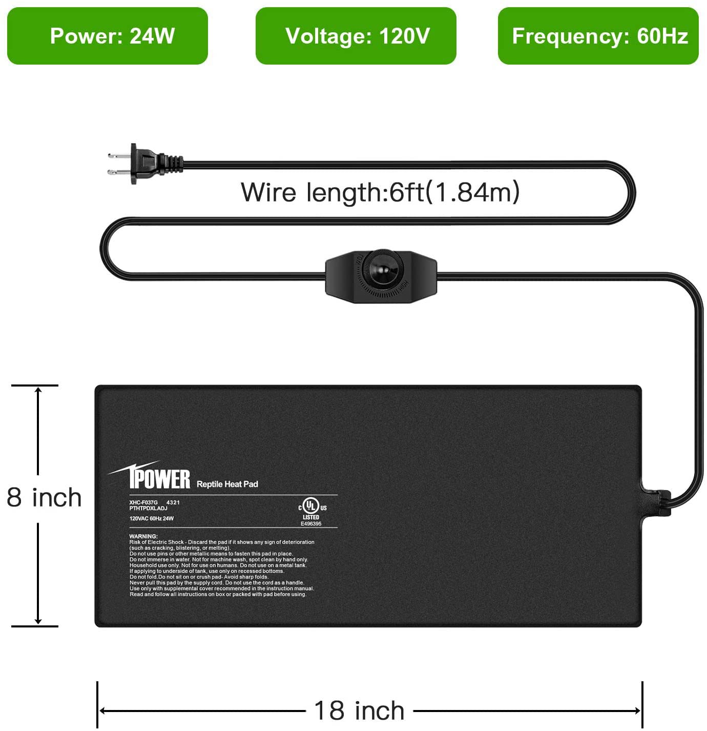 iPower 8X18 Inch 24W Reptile Heating Pad with Adjustable Thermostat - Under Tank Warmer for Terrariums, Snakes, Lizards & Amphibians - Perfect for 50-60 Gallon Tanks (2 Pack) - Ideal for Reptile Habitat Temperature Control & Winter Warmth