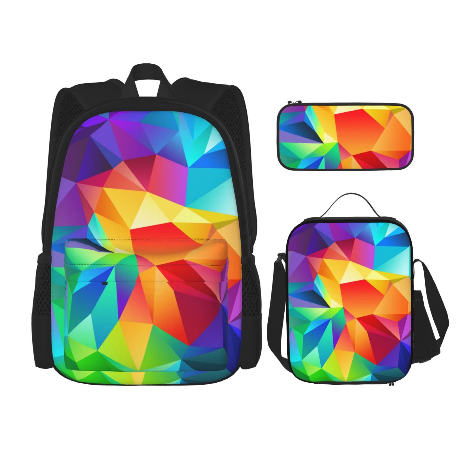 Colorful Geometric School Backpack Set for Kids - Waterproof Bookbag with Lunch Box & Pencil Case - Perfect for Elementary Students, Daily School Use & Outdoor Activities