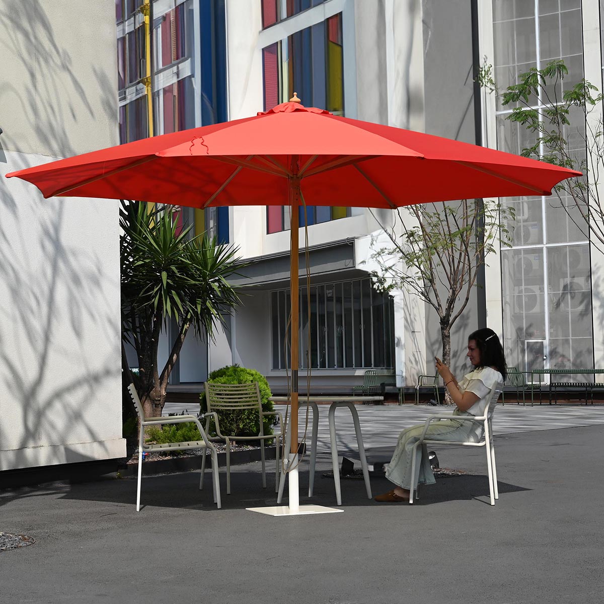 13ft 8-Rib Wooden Patio Umbrella with Heavy Duty Stand - Outdoor Market Umbrella for Garden, Poolside, Deck & Backyard Relaxation