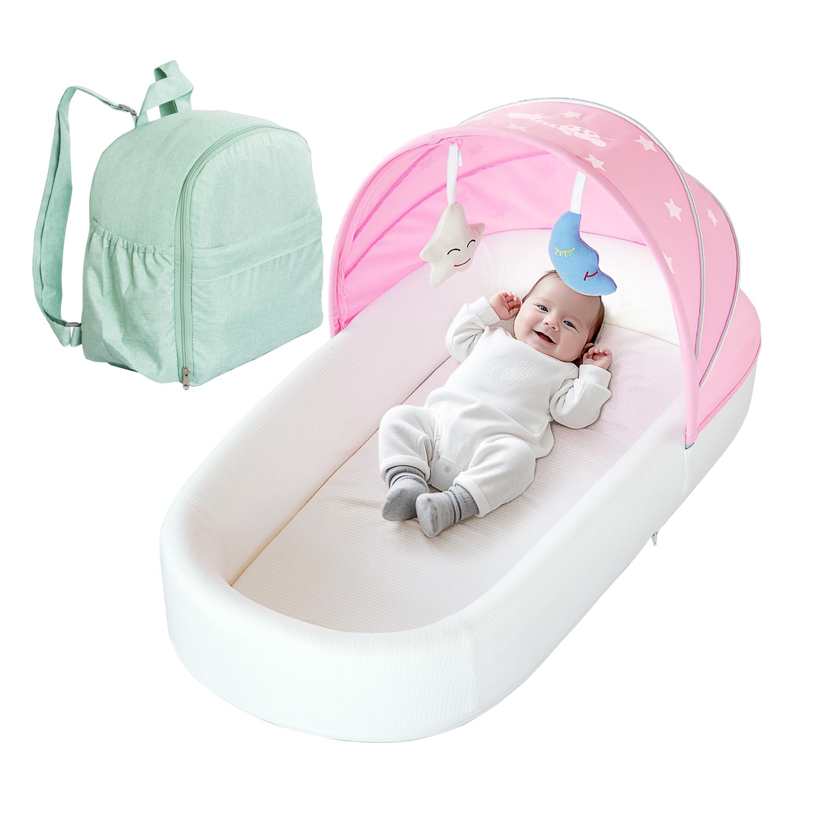 Portable Newborn Nest Lounger - Travel Bassinet with Canopy & Mosquito Net, Lightweight Foldable Baby Bed with Cotton Cover & Supportive Mattress - Washable for Indoor & Outdoor Use (Pink) - Perfect for Nursery, Travel, Beach & Park Outings