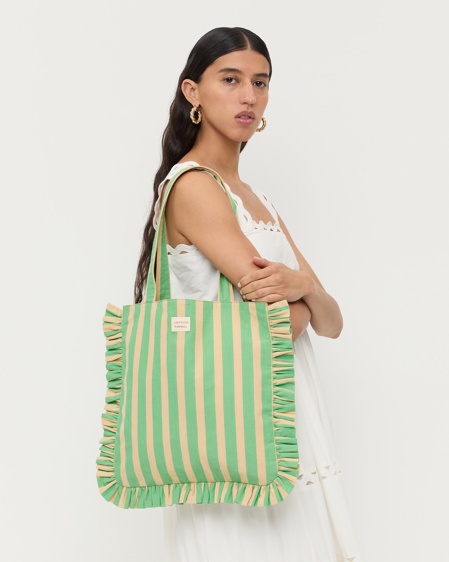 Justine Green and Tan Striped Tote Bag for Women - Stylish Canvas Shoulder Bag for Work, Beach, Shopping & Everyday Use