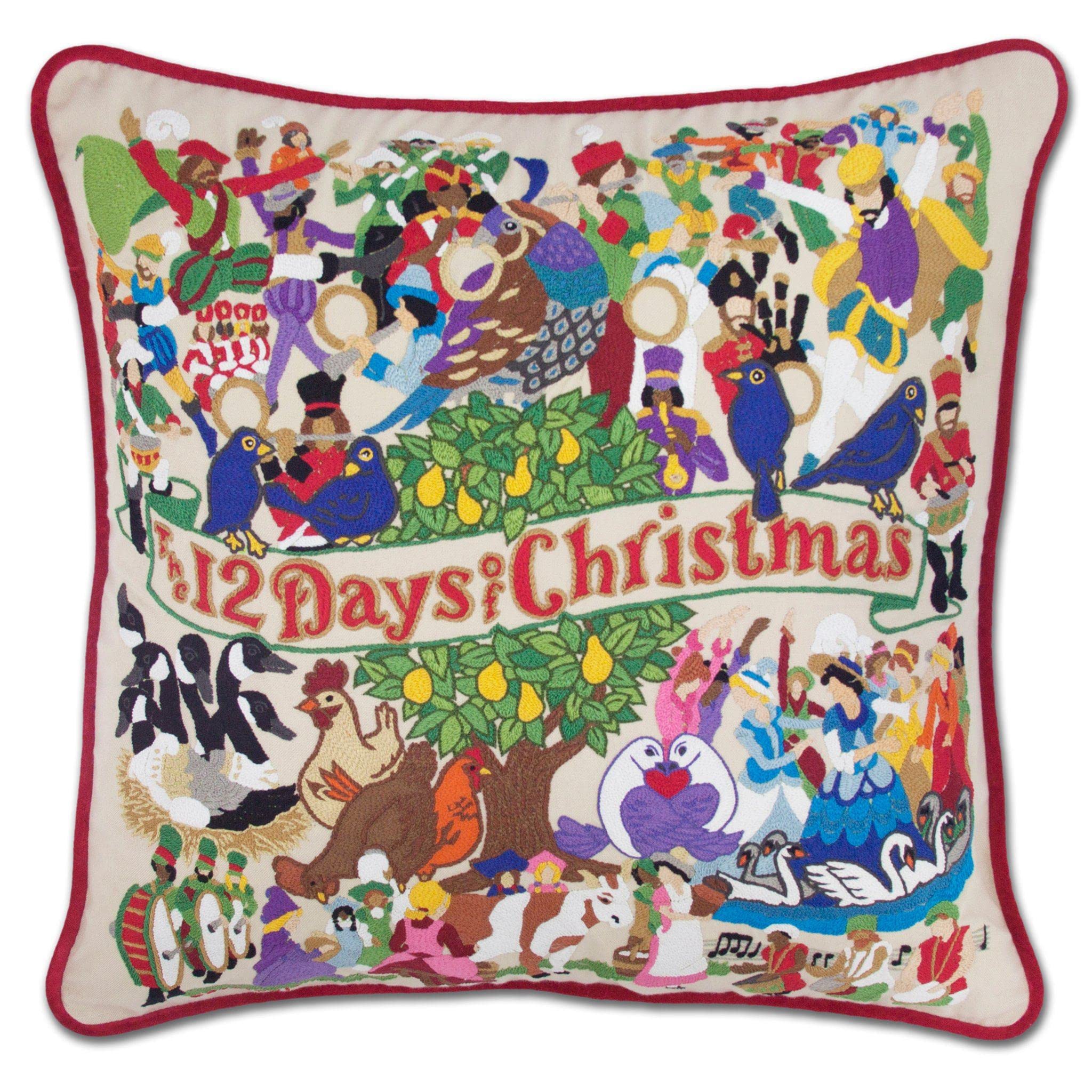 Catstudio 12 Days of Christmas Embroidered Throw Pillow - Holiday Home Decor with Original Artwork | Perfect for Christmas Tree Skirt, Fireplace Mantel & Cozy Living Room Decorations