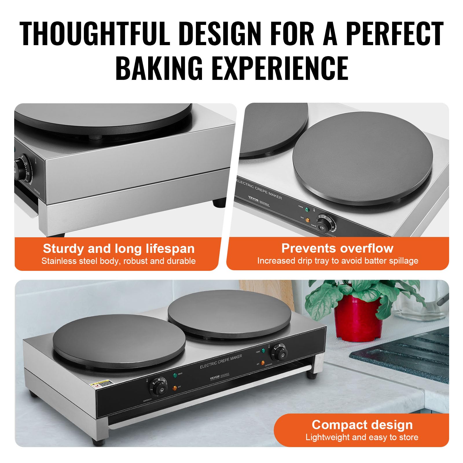 VEVOR 16-Inch Commercial Electric Crepe Maker - 3400W Double Head Nonstick Griddle with Temperature Control | Stainless Steel Pancake Machine for Breakfast, Desserts & Catering Business