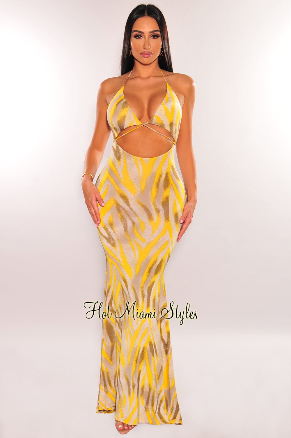 Fashion Women's Yellow & Gray Animal Print Halter Tie-Up Cutout Dress - Sexy Party & Night Out Club Wear