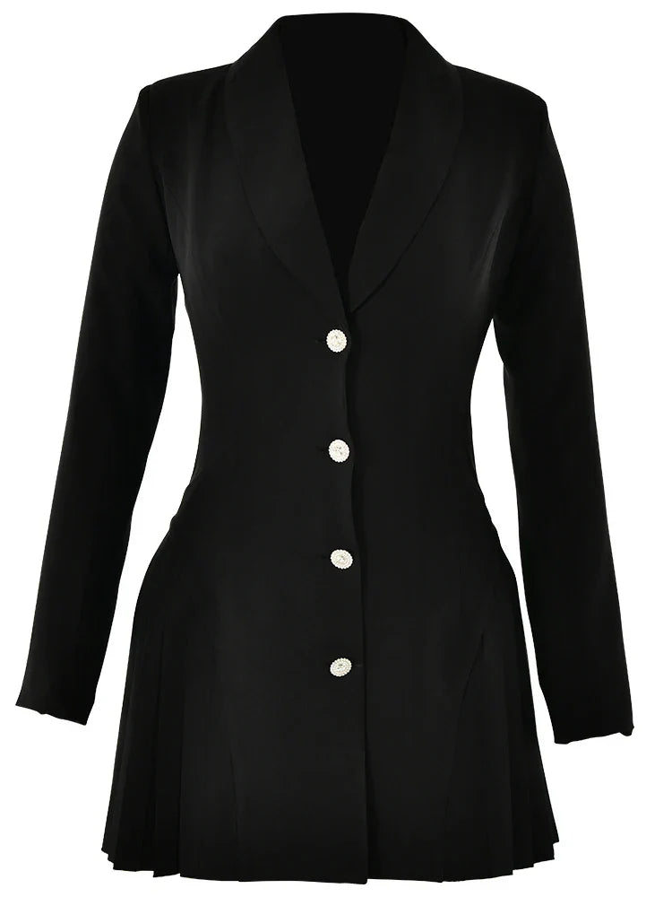 Fantoye Women's Deep V-Neck Single Breasted Pleated Blazer Mini Dress - Long Sleeve A-Line Office Dress for Autumn | Elegant Workwear & Business Casual Outfits