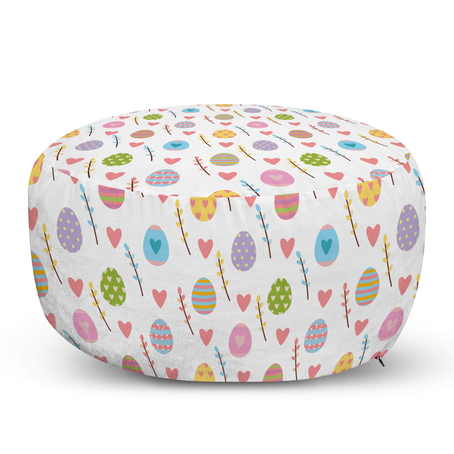 Ambesonne Easter Pouf Cover with Zipper - Colorful Spring Egg Design with Stripes, Dots, Leaves & Hearts - Soft Decorative Fabric Unstuffed Case 30