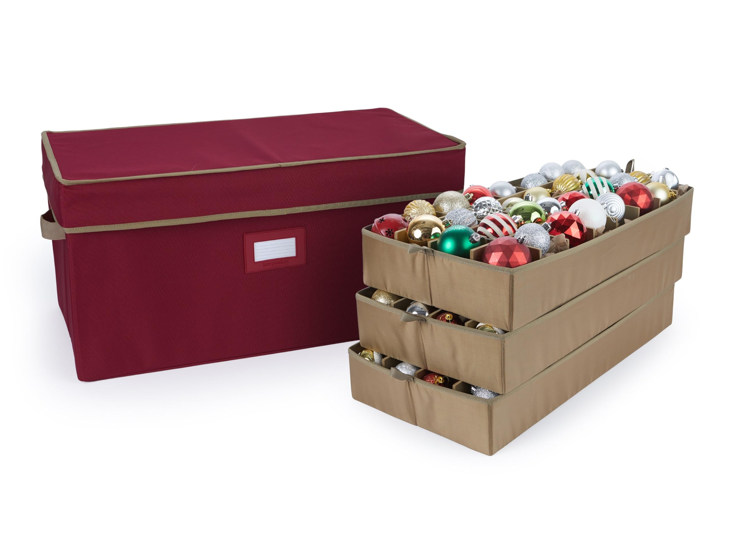 Covermates Keepsakes Adjustable Ornament Storage Box with Carrying Handles & Padded Protection - Holiday Decor Organizer for Christmas Tree Ornaments, Wreaths & Seasonal Decorations (Red)