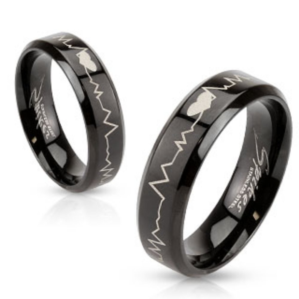 Heartbeat Laser Engraved Black IP Stainless Steel Band Ring - Perfect for Couples, Anniversaries & Unique Gifts