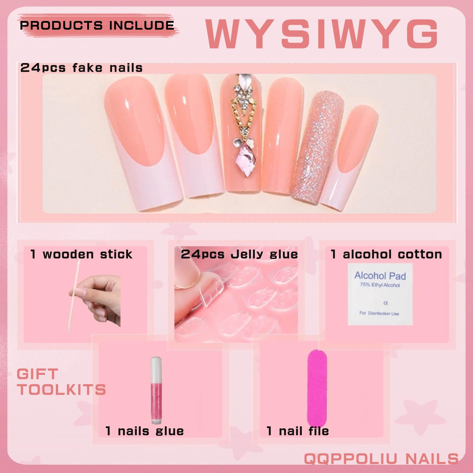 Long Coffin Press On Nails with Glitter & Rhinestones - 24pcs Fake Nails for Mother's Day Gift | Perfect for Parties, Weddings & Special Occasions