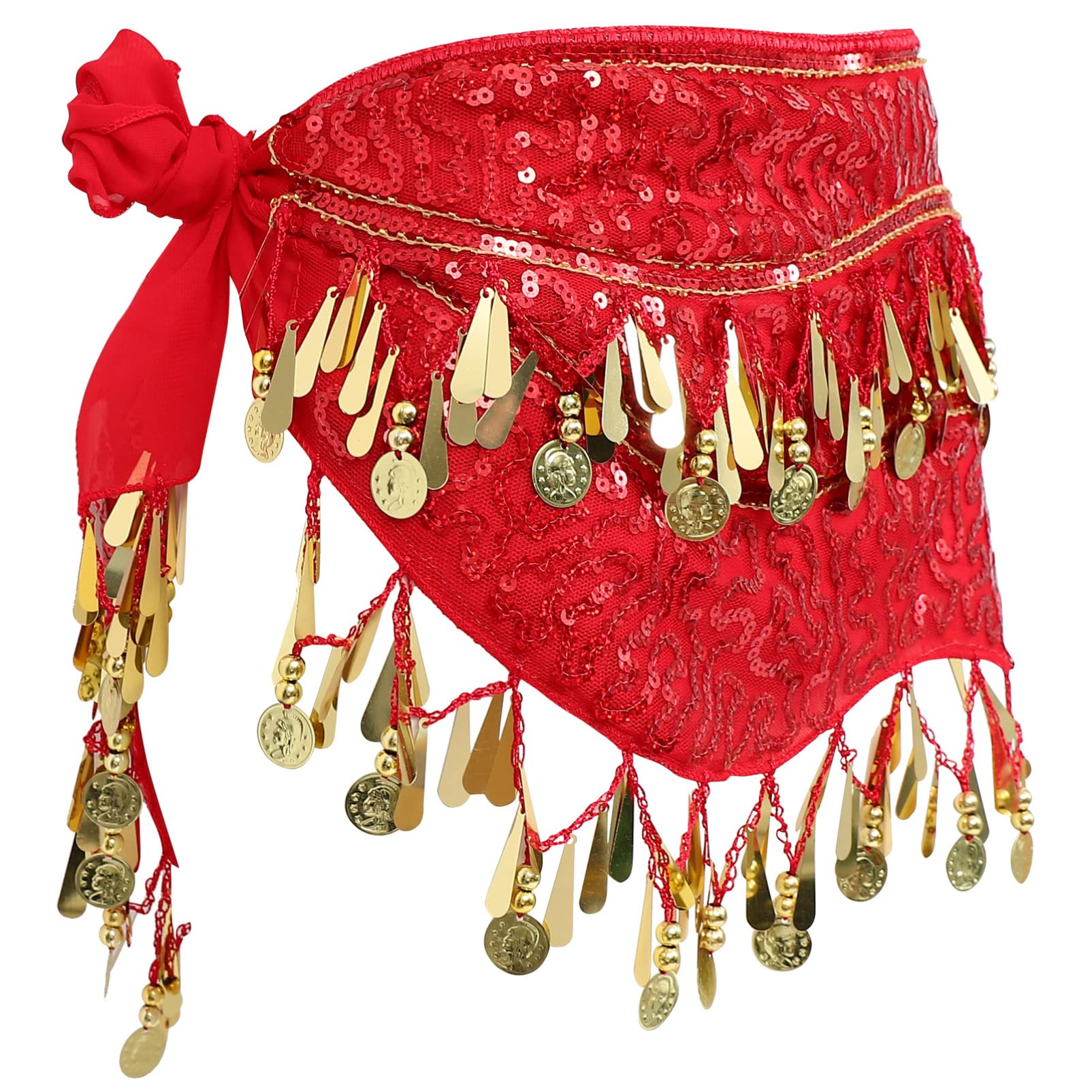 Amosfun Red Belly Dance Hip Scarf with Gold Coin Tassels - Chiffon Waist Chain for Women, Sequins Dance Costume for Performance, Parties, and Festivals