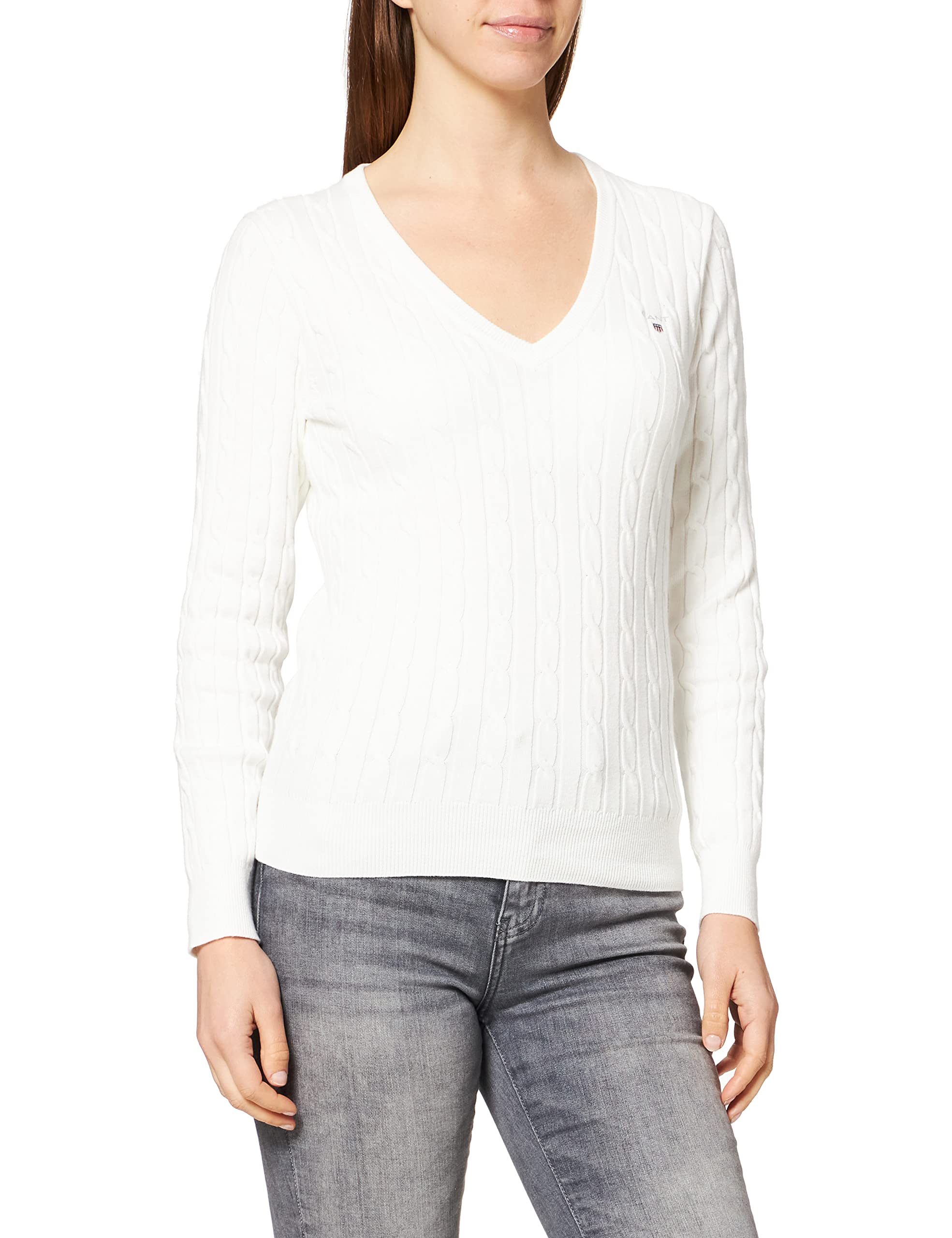 GANT Women's Stretch Cotton Cable Knit V-Neck Long Sleeve Sweater - Cozy Winter Pullover for Work & Casual Outfits