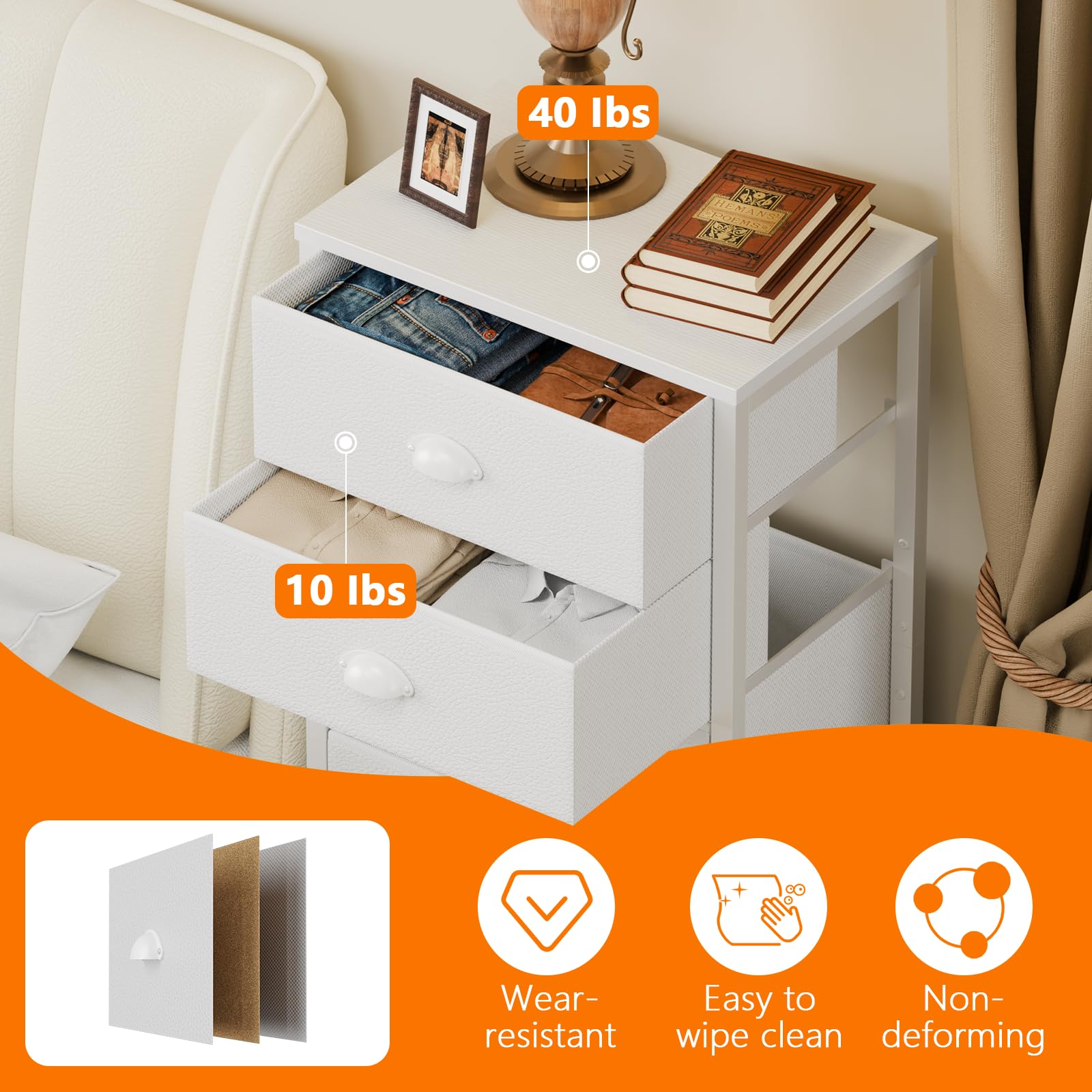 Furnulem White Tall Dresser for Bedroom - 6-Drawer Vertical Storage Tower & Nightstand with Fabric Organizer | Perfect for Bedroom, Living Room, Closet, Entryway & Hallway Organization