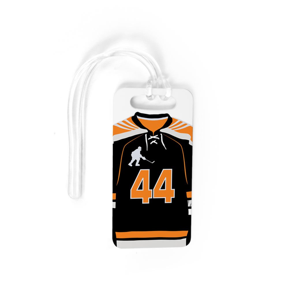Personalized Hockey Jersey Luggage Tag - Custom Number & Standard Lines - Small Orange Hockey Bag Tag for Travel & Sports Gear