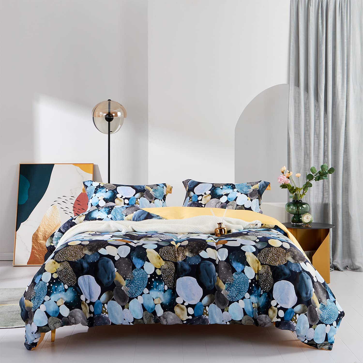 Premium 100% Egyptian Cotton Duvet Cover Set Queen Size - Colorful Yellow Painting Pattern, Soft & Breathable Bedding (Comforter Not Included) | Perfect for Master Bedroom, Guest Room & Vacation Homes