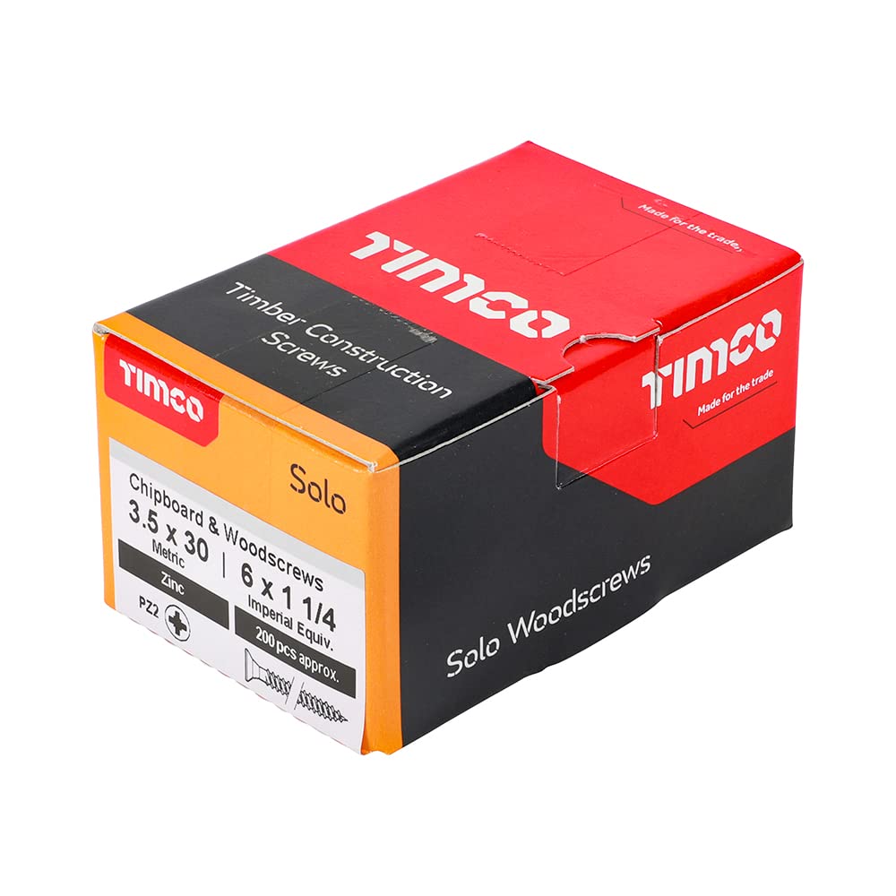 Timco 35030SOLOZ PZ2 CSK BZP Zinc Plated Solo Woodscrew 3.5x30mm (Box of 200) - Ideal for Woodworking, Furniture Assembly & DIY Projects