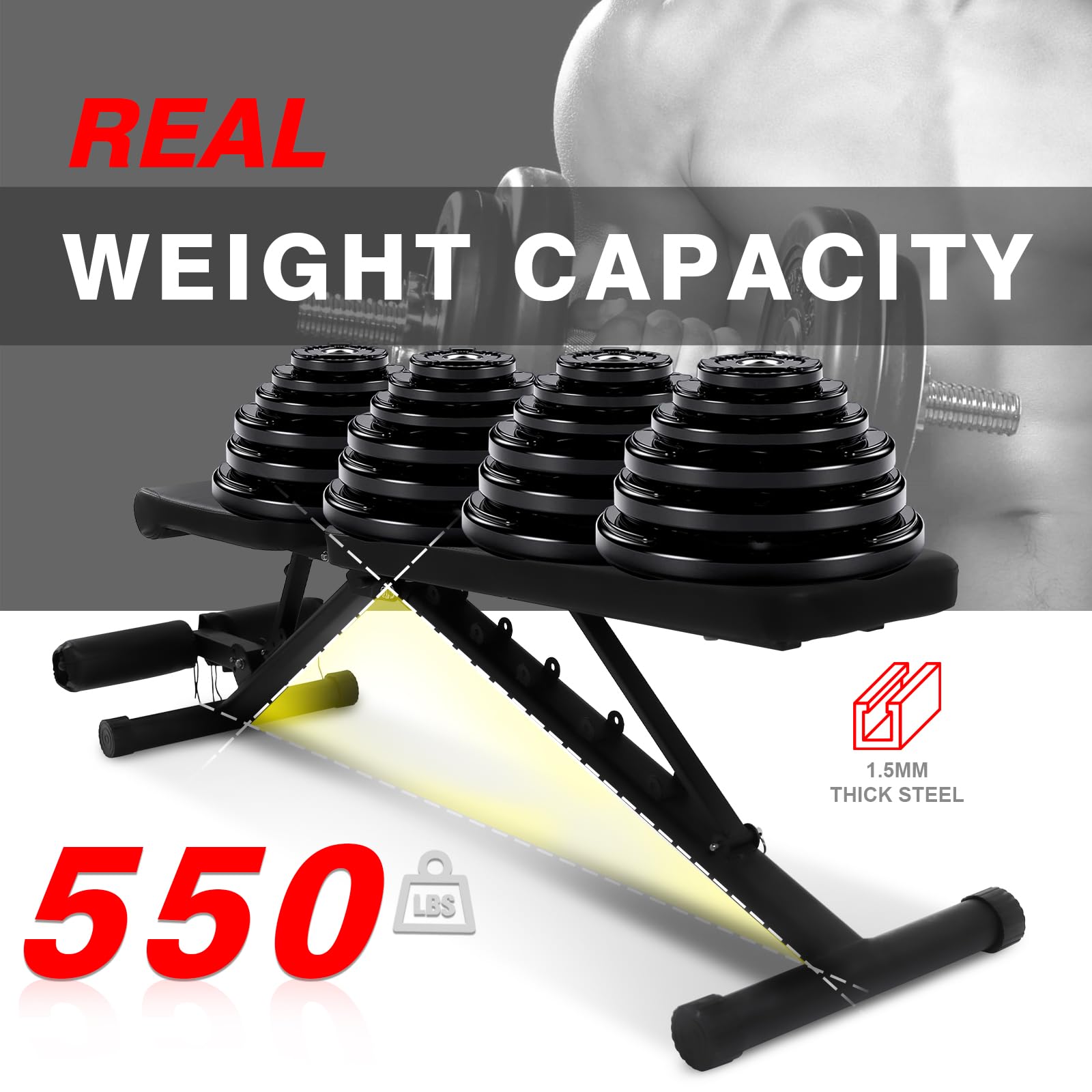7-Level Adjustable Weight Bench for Home Gym - Foldable Incline/Decline/Flat Workout Bench with 550LBS Capacity - Perfect for Strength Training, Bench Press & Full-Body Exercises at Home