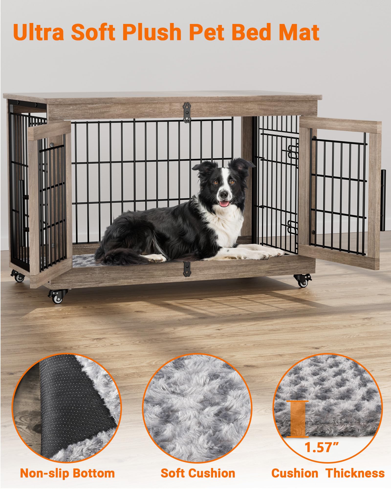 Premium Wooden Dog Crate Furniture with Cushion - Large Indoor Dog Kennel with Double Doors & Wheels - 38.5